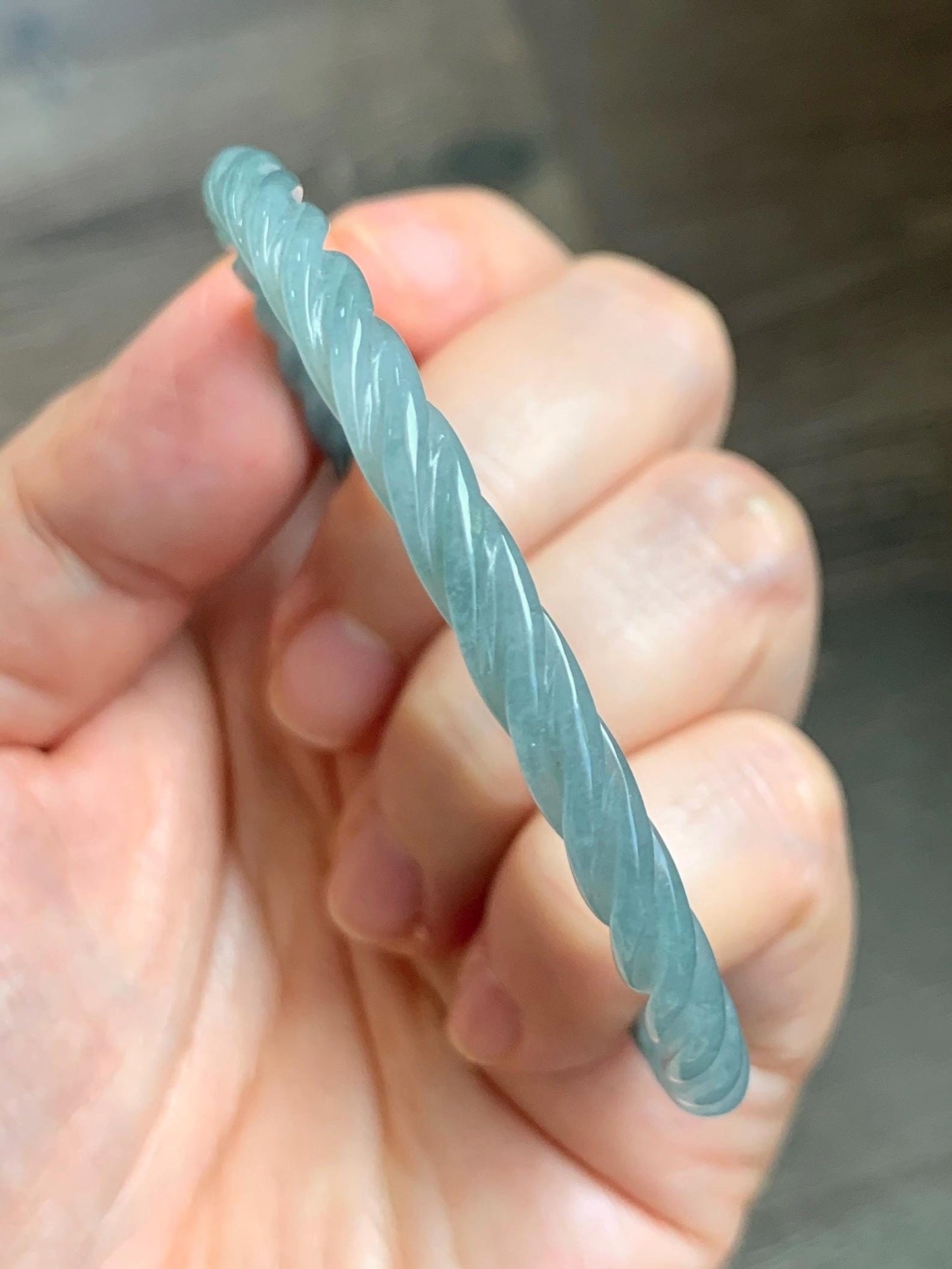Certified Natural Grade A Guatemalan Icy Translucent Pastel Dusty Blue Jade Jadeite Carved Braid Slim Bangle 57.8mm 7.15” 天然冰危浅灰蓝翡翠细麻花手镯 480