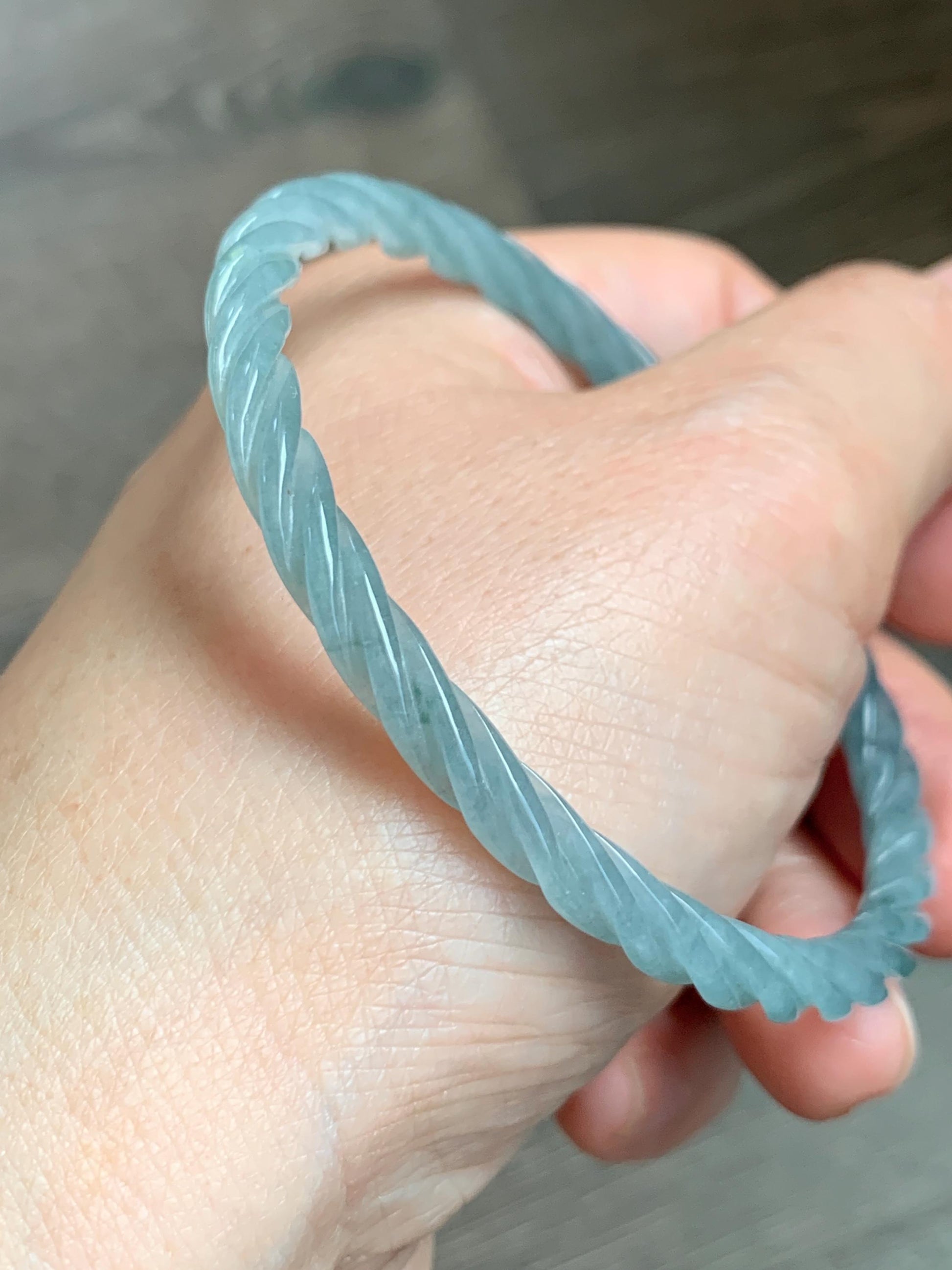 Certified Natural Grade A Guatemalan Icy Translucent Pastel Dusty Blue Jade Jadeite Carved Braid Slim Bangle 57.8mm 7.15” 天然冰危浅灰蓝翡翠细麻花手镯 480