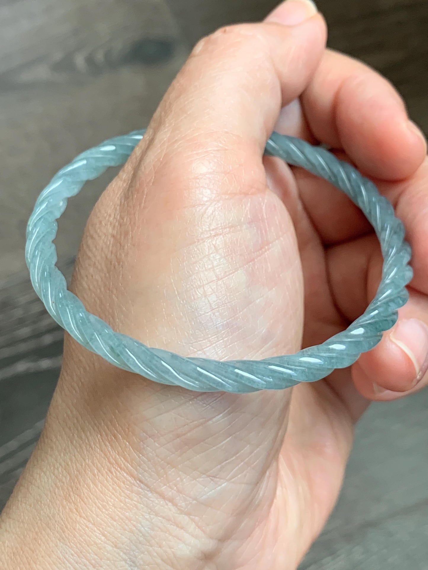 Certified Natural Grade A Guatemalan Icy Translucent Pastel Dusty Blue Jade Jadeite Carved Braid Slim Bangle 57.8mm 7.15” 天然冰危浅灰蓝翡翠细麻花手镯 480
