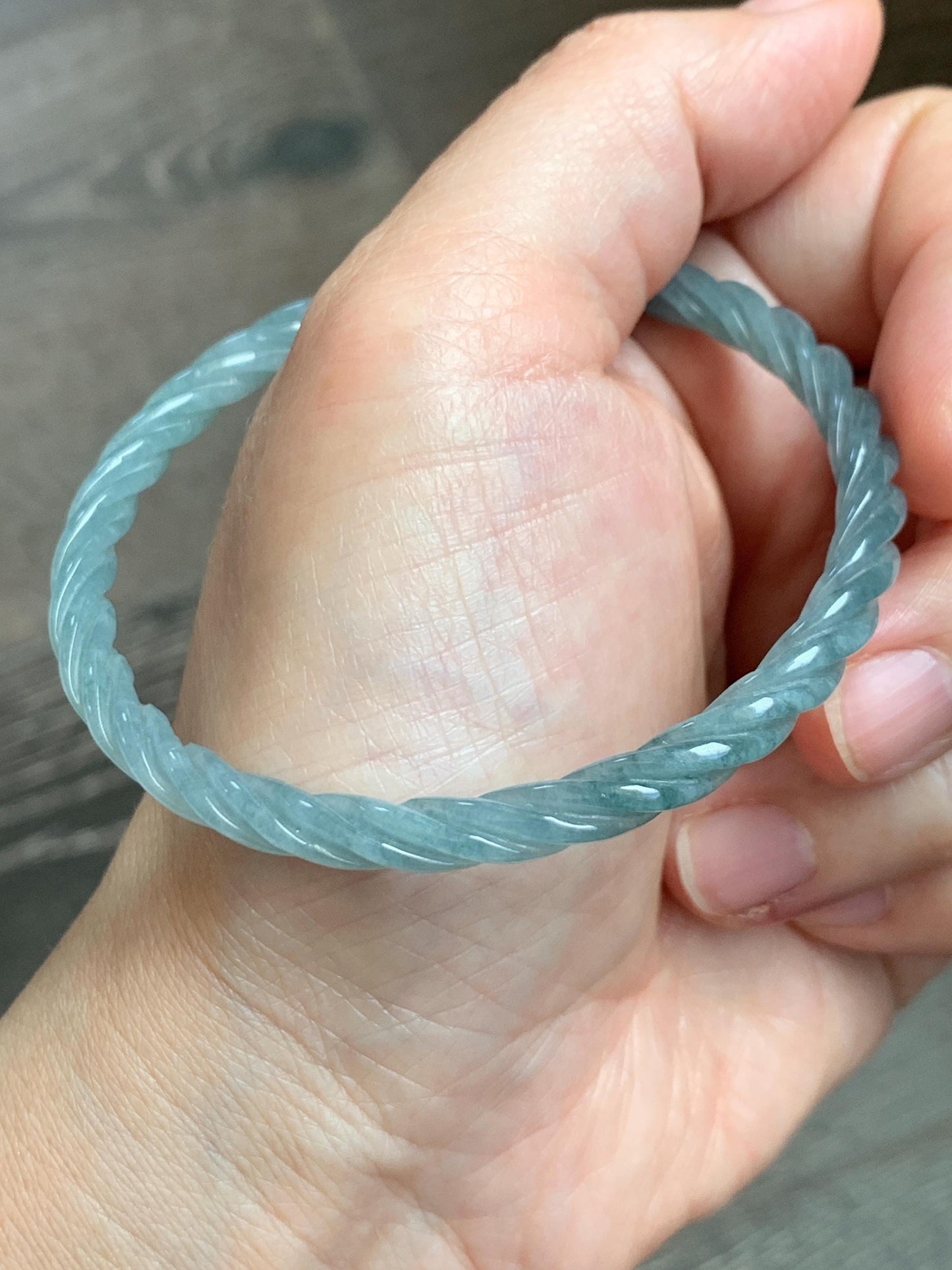 Certified Natural Grade A Guatemalan Icy Translucent Pastel Dusty Blue Jade Jadeite Carved Braid Slim Bangle 57.8mm 7.15” 天然冰危浅灰蓝翡翠细麻花手镯 480