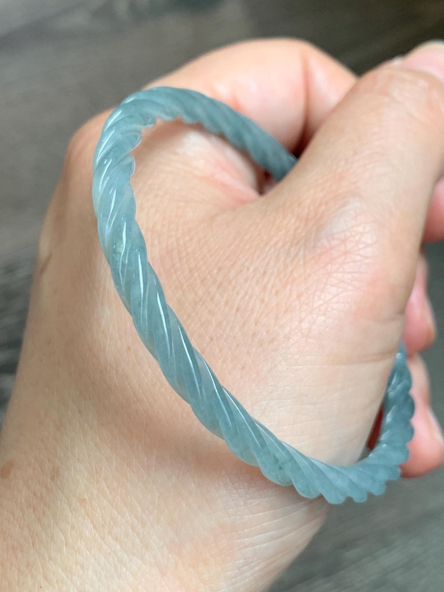 Certified Natural Grade A Guatemalan Icy Translucent Pastel Dusty Blue Jade Jadeite Carved Braid Slim Bangle 57.8mm 7.15” 天然冰危浅灰蓝翡翠细麻花手镯 480
