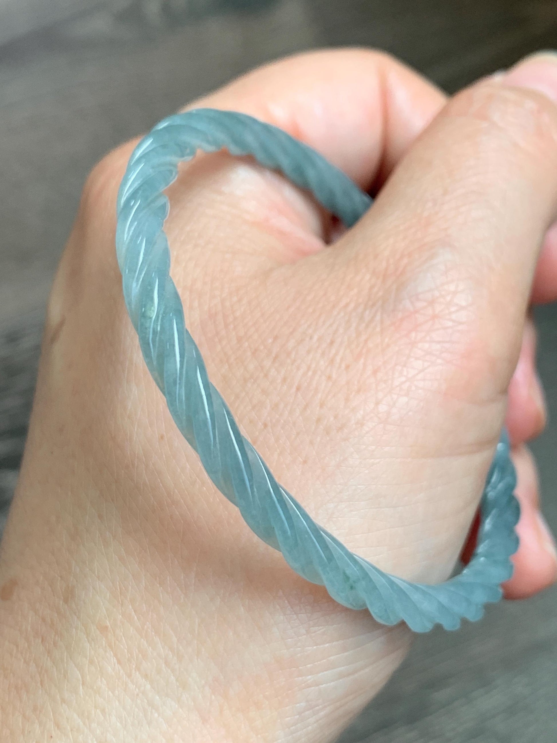Certified Natural Grade A Guatemalan Icy Translucent Pastel Dusty Blue Jade Jadeite Carved Braid Slim Bangle 57.8mm 7.15” 天然冰危浅灰蓝翡翠细麻花手镯 480