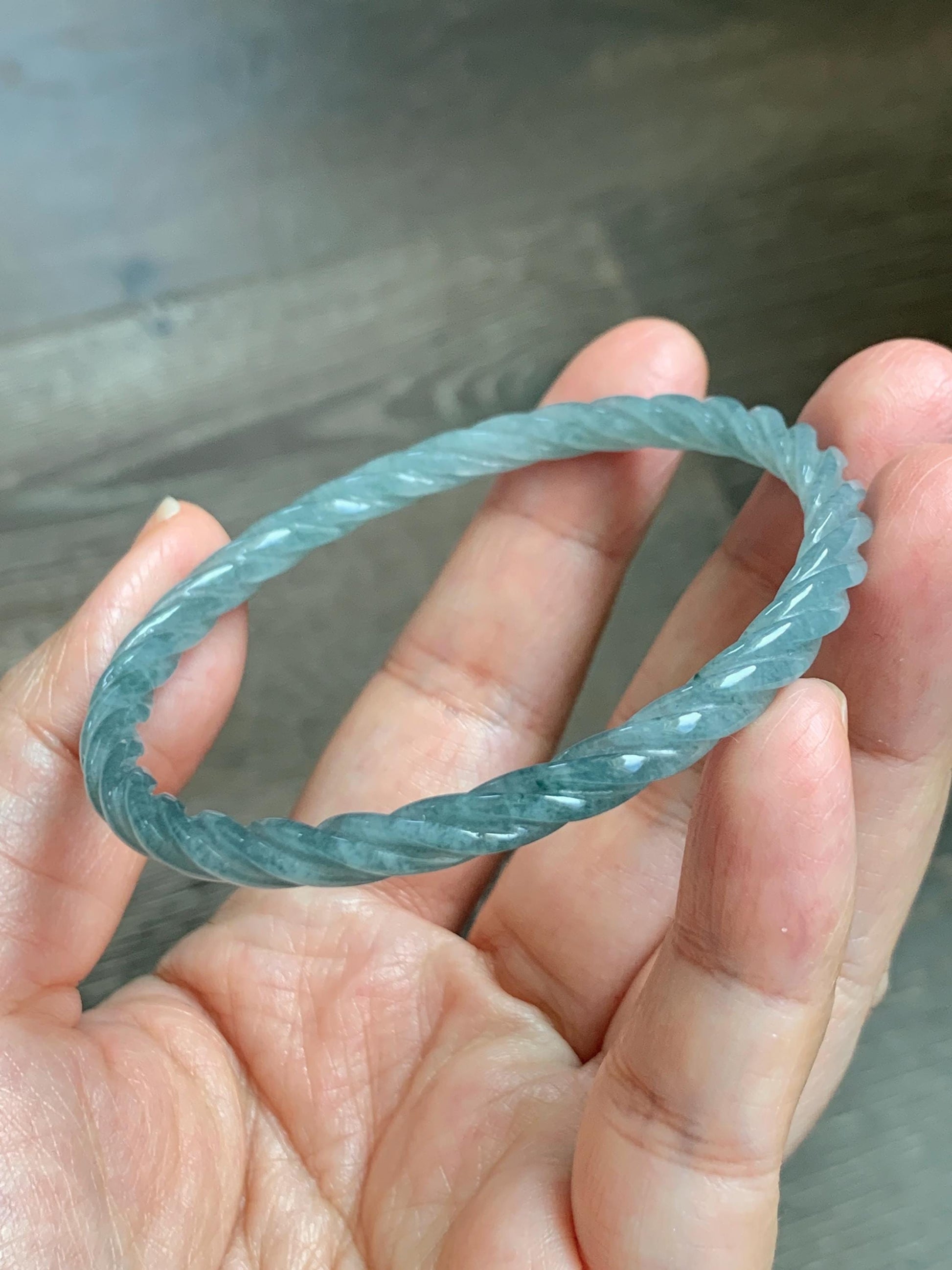Certified Natural Grade A Guatemalan Icy Translucent Pastel Dusty Blue Jade Jadeite Carved Braid Slim Bangle 57.8mm 7.15” 天然冰危浅灰蓝翡翠细麻花手镯 480