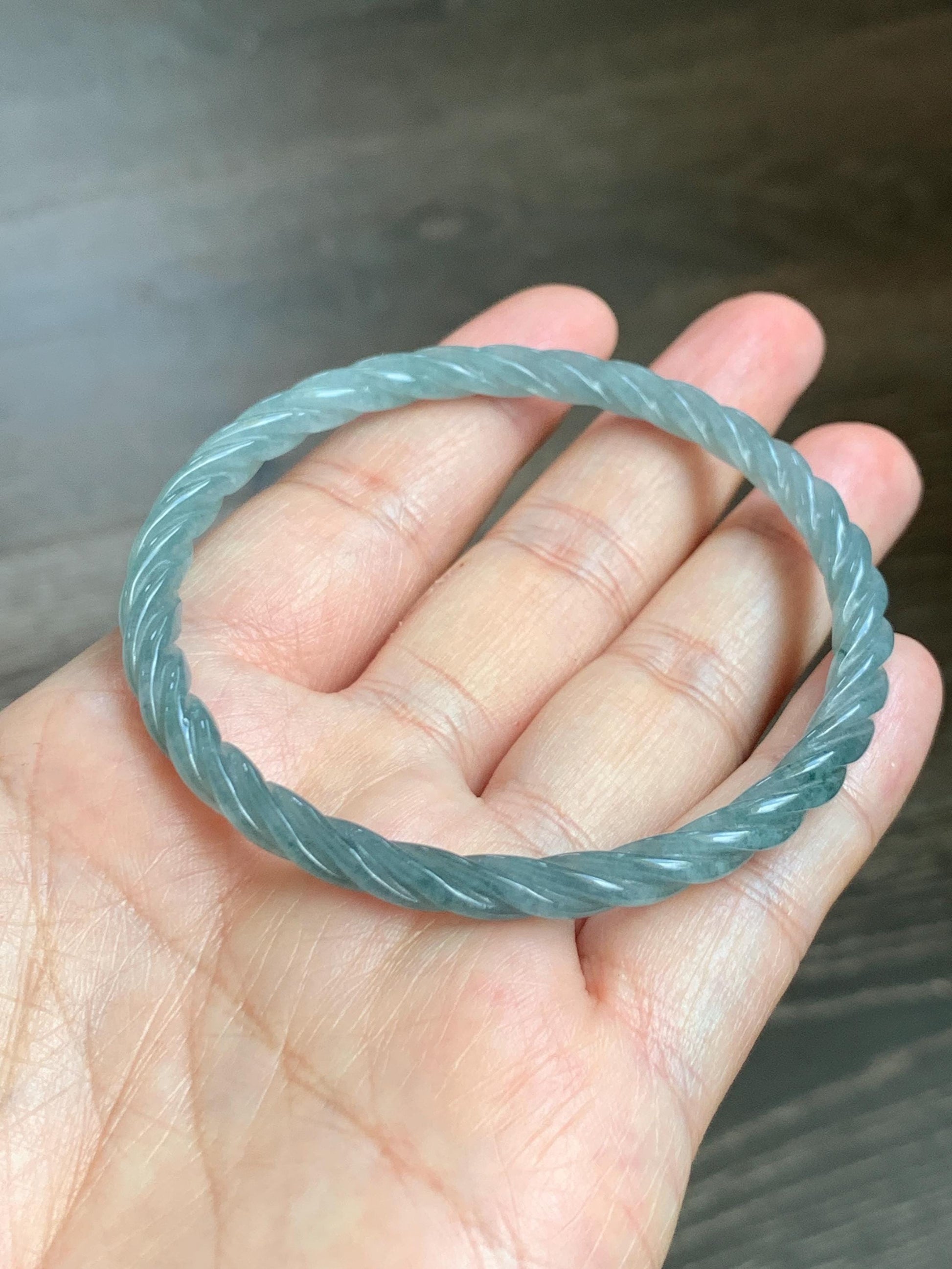 Certified Natural Grade A Guatemalan Icy Translucent Pastel Dusty Blue Jade Jadeite Carved Braid Slim Bangle 57.8mm 7.15” 天然冰危浅灰蓝翡翠细麻花手镯 480