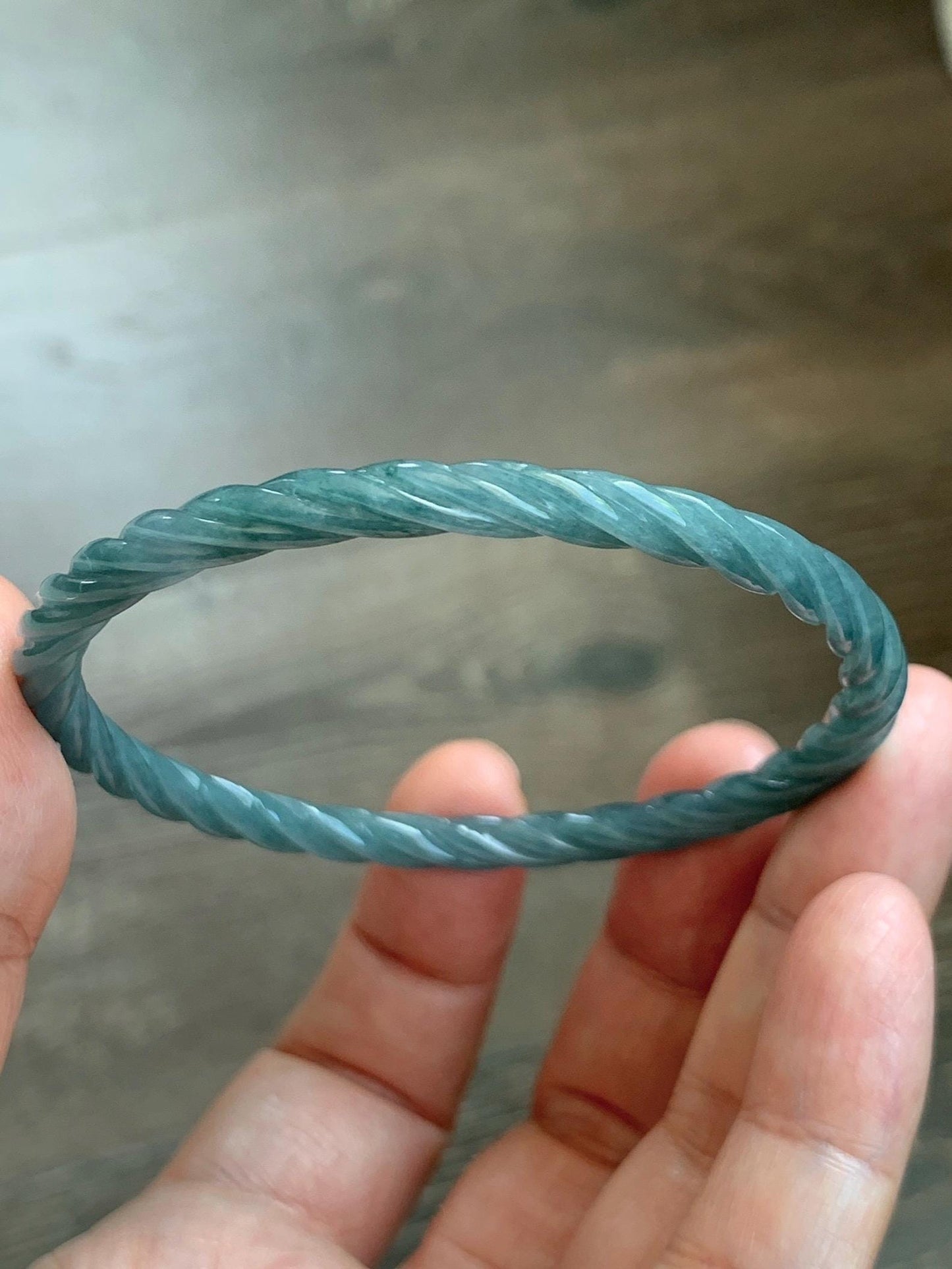 Certified Natural Grade A Guatemalan Icy Translucent Dark Dusty Blue Jade Jadeite Carved Braid Slim Bangle 57.8mm 7.15” 天然冰危深灰蓝翡翠细麻花手镯 478
