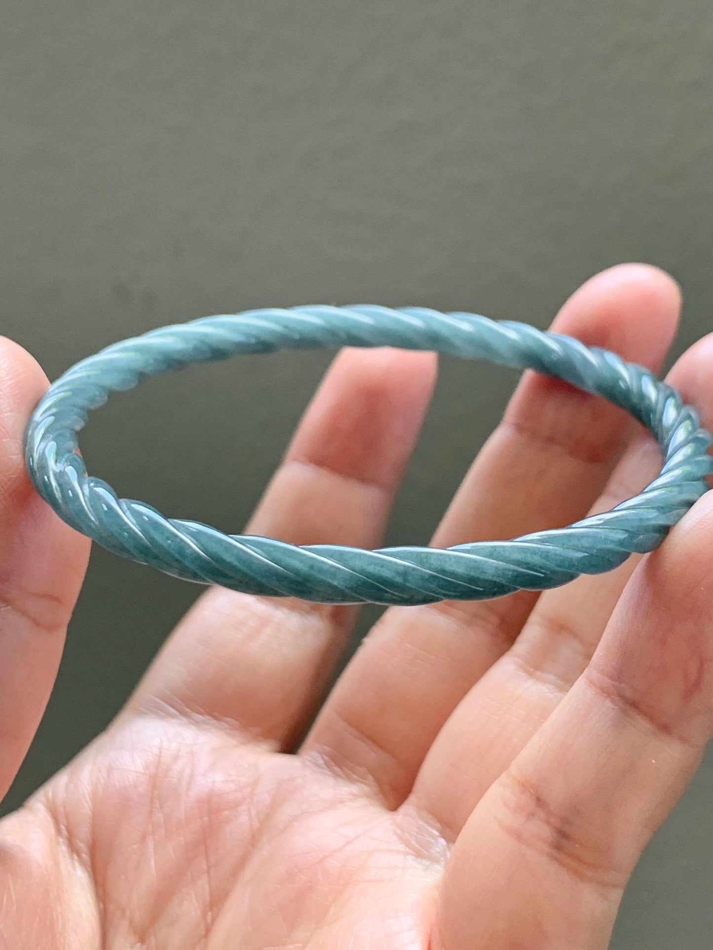 Certified Natural Grade A Guatemalan Icy Translucent Dark Dusty Blue Jade Jadeite Carved Braid Slim Bangle 57.8mm 7.15” 天然冰危深灰蓝翡翠细麻花手镯 478