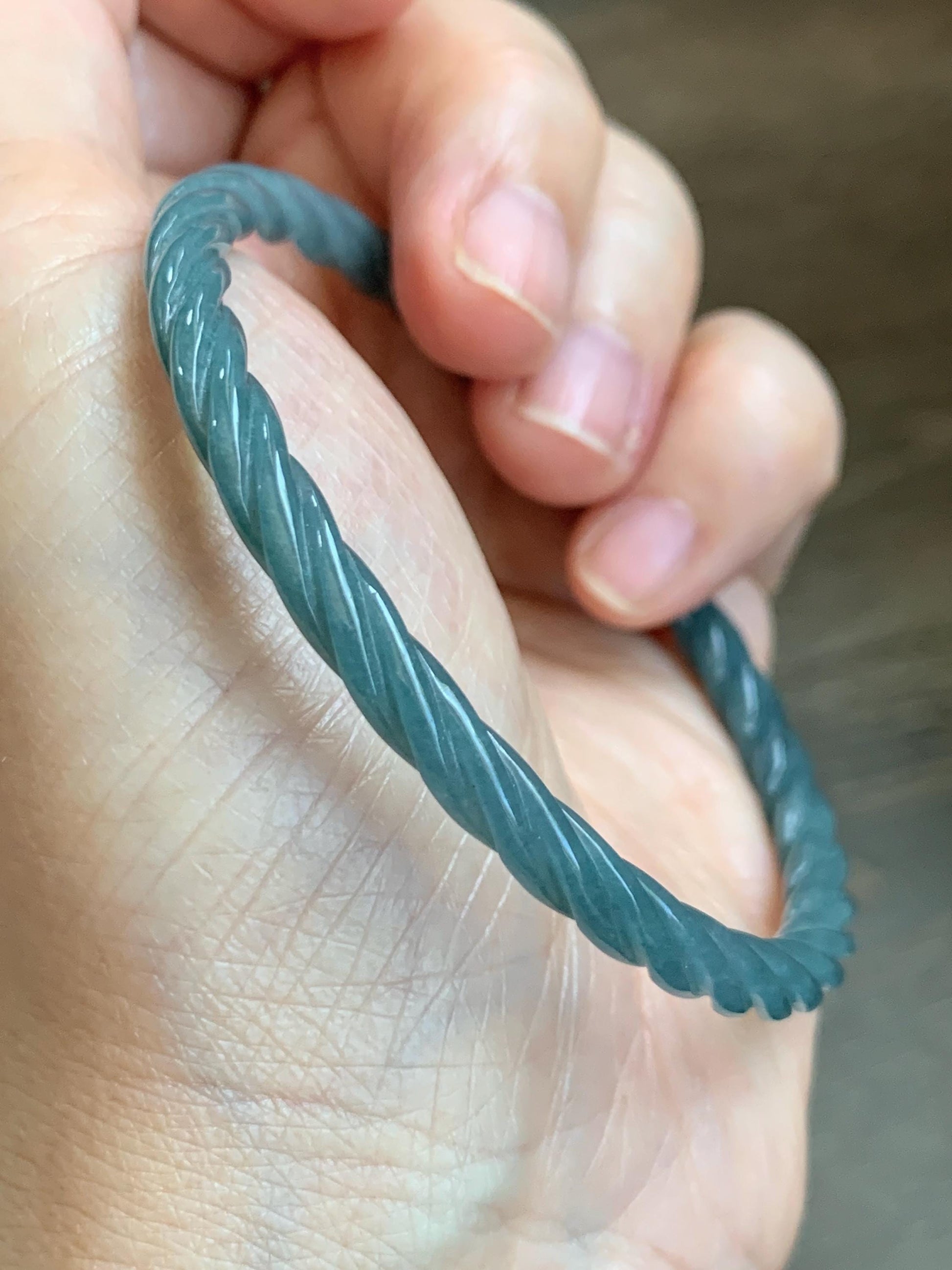 Certified Natural Grade A Guatemalan Icy Translucent Dark Dusty Blue Jade Jadeite Carved Braid Slim Bangle 57.8mm 7.15” 天然冰危深灰蓝翡翠细麻花手镯 478