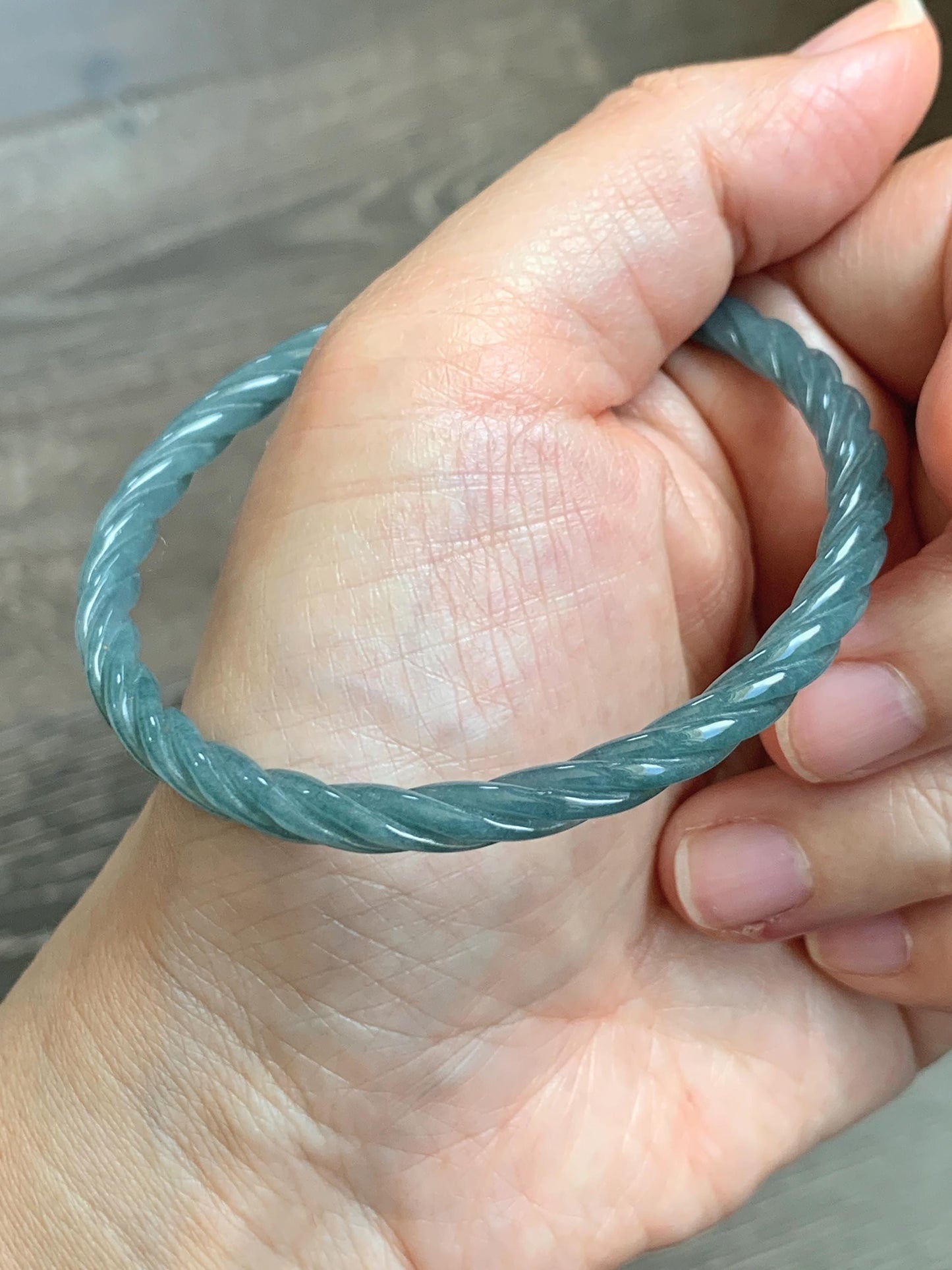 Certified Natural Grade A Guatemalan Icy Translucent Dark Dusty Blue Jade Jadeite Carved Braid Slim Bangle 57.8mm 7.15” 天然冰危深灰蓝翡翠细麻花手镯 478