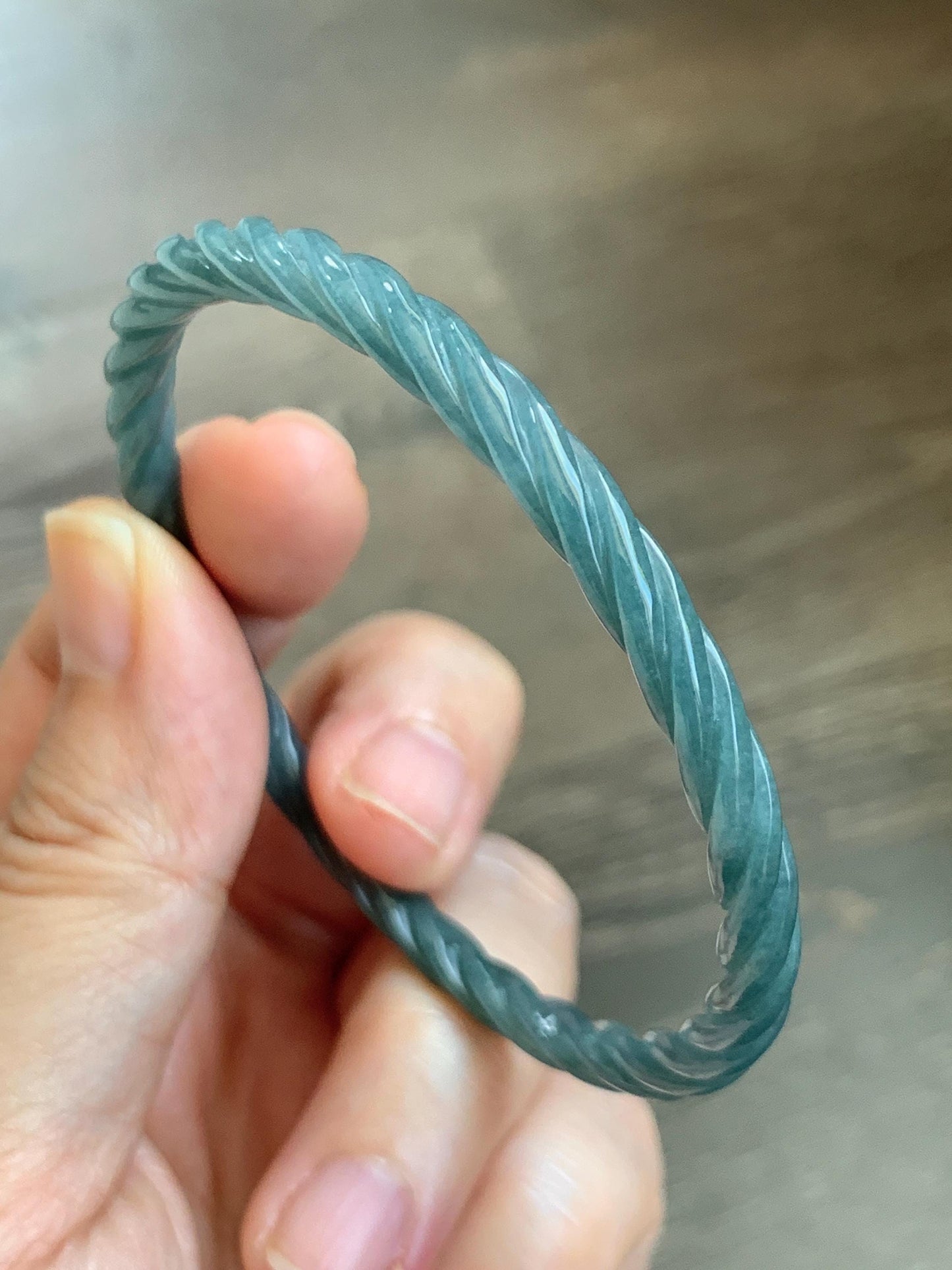 Certified Natural Grade A Guatemalan Icy Translucent Dark Dusty Blue Jade Jadeite Carved Braid Slim Bangle 57.8mm 7.15” 天然冰危深灰蓝翡翠细麻花手镯 478