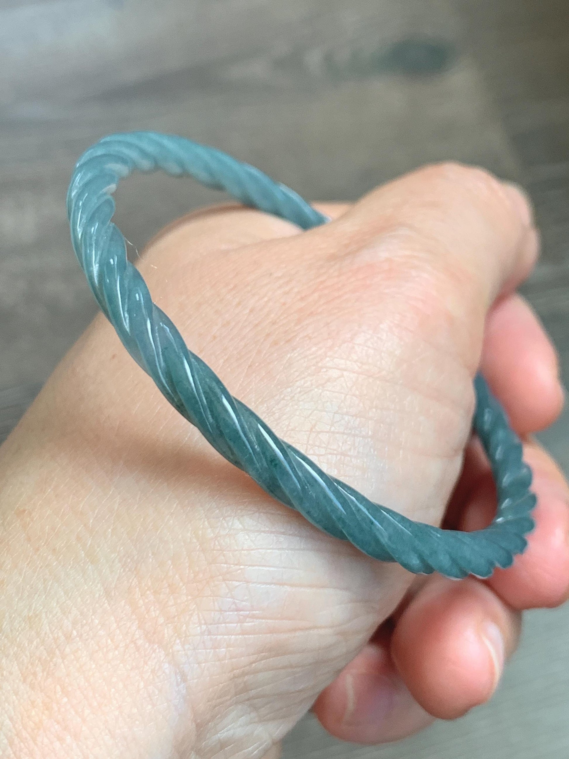 Certified Natural Grade A Guatemalan Icy Translucent Dark Dusty Blue Jade Jadeite Carved Braid Slim Bangle 57.8mm 7.15” 天然冰危深灰蓝翡翠细麻花手镯 478