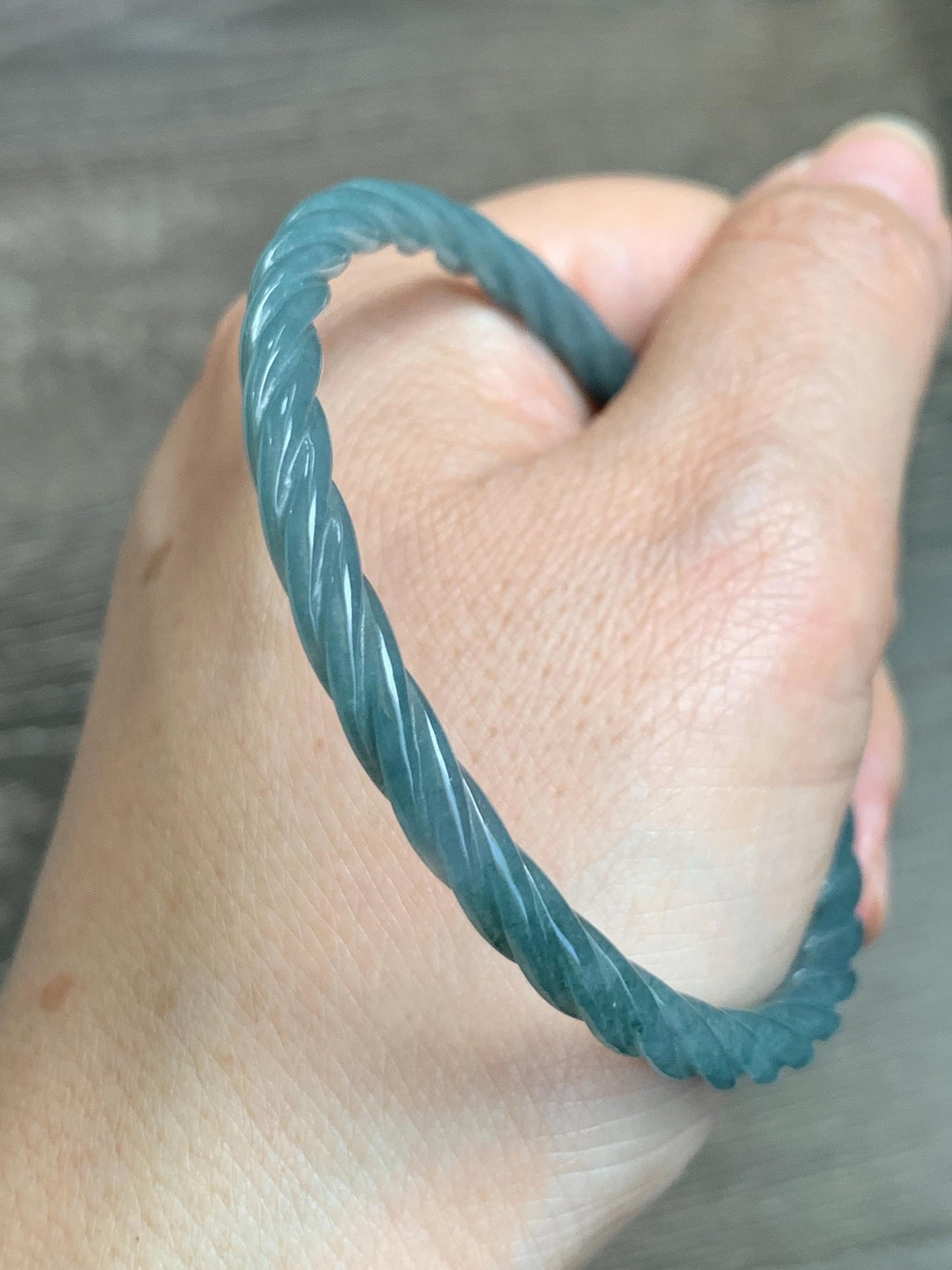 Certified Natural Grade A Guatemalan Icy Translucent Dark Dusty Blue Jade Jadeite Carved Braid Slim Bangle 57.8mm 7.15” 天然冰危深灰蓝翡翠细麻花手镯 478