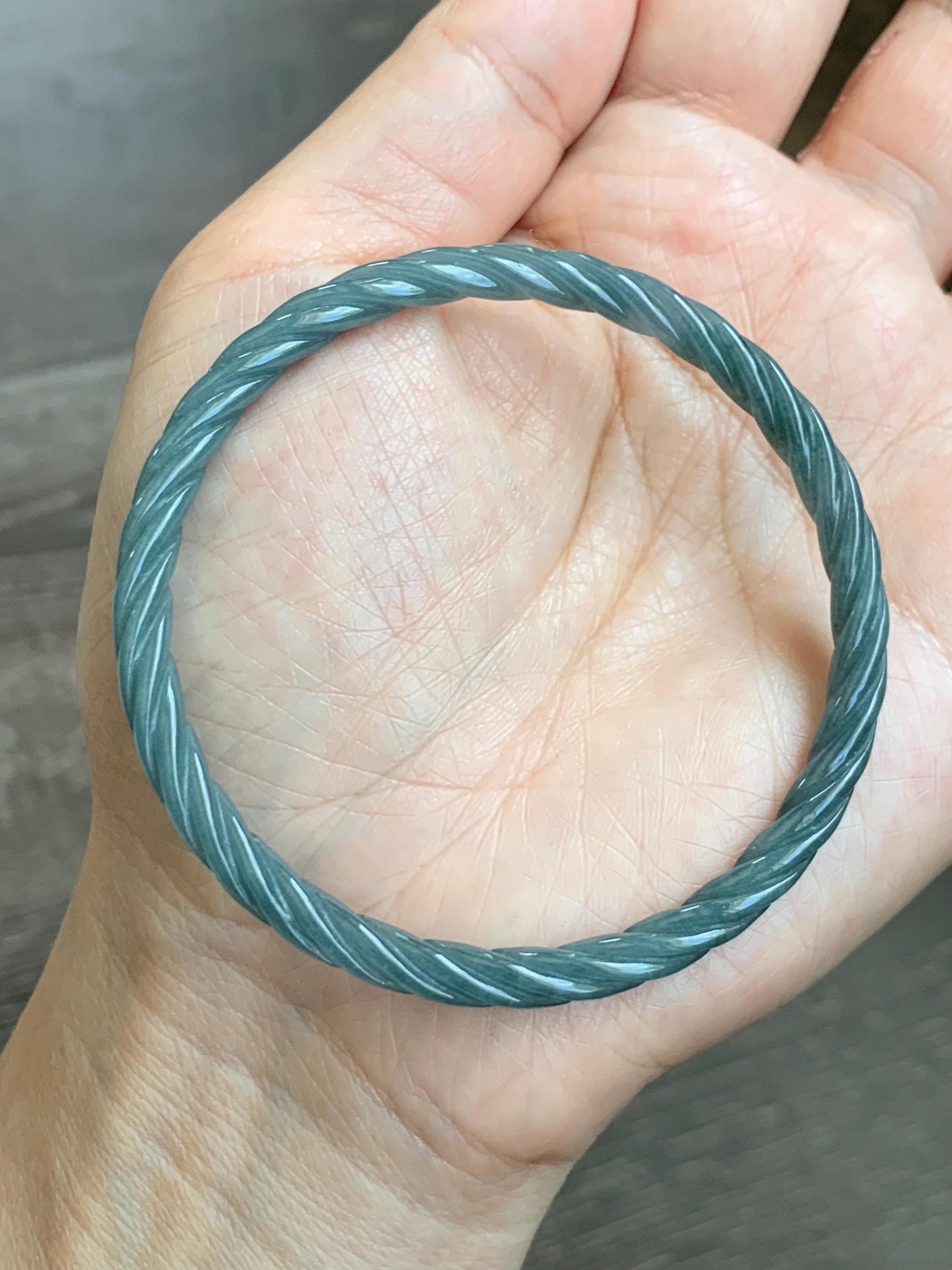 Certified Natural Grade A Guatemalan Icy Translucent Dark Dusty Blue Jade Jadeite Carved Braid Slim Bangle 57.8mm 7.15” 天然冰危深灰蓝翡翠细麻花手镯 478
