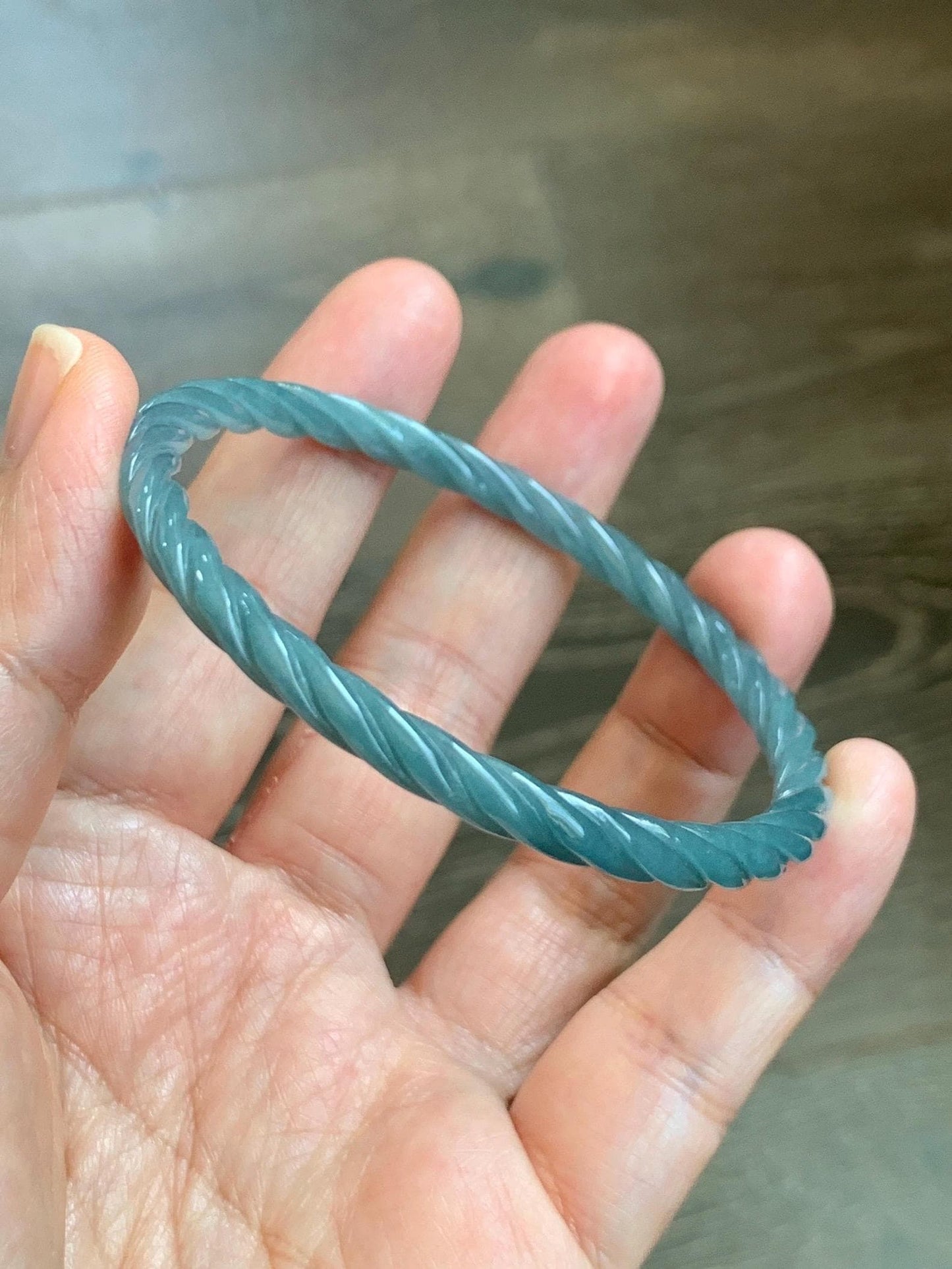 Certified Natural Grade A Guatemalan Icy Translucent Dark Dusty Blue Jade Jadeite Carved Braid Slim Bangle 57.7mm 7.14” 天然冰危深灰蓝翡翠细麻花手镯 483