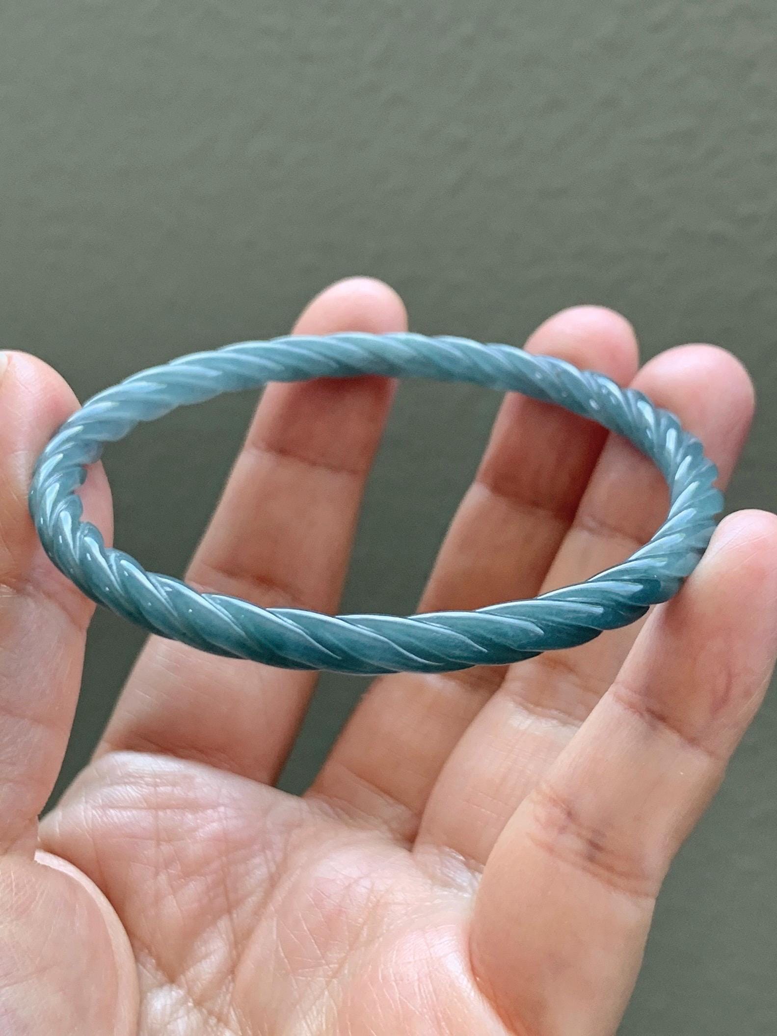 Certified Natural Grade A Guatemalan Icy Translucent Dark Dusty Blue Jade Jadeite Carved Braid Slim Bangle 57.7mm 7.14” 天然冰危深灰蓝翡翠细麻花手镯 483