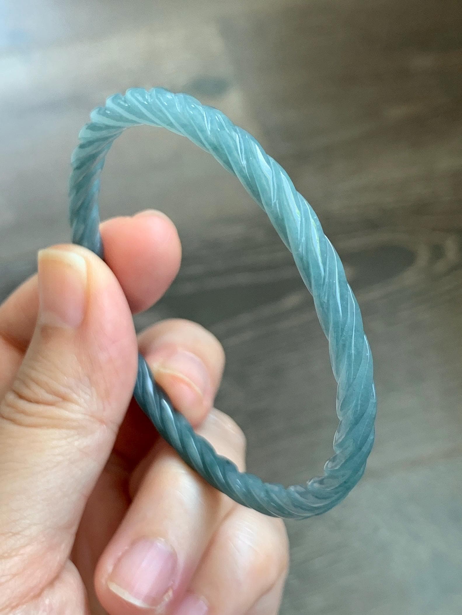 Certified Natural Grade A Guatemalan Icy Translucent Dark Dusty Blue Jade Jadeite Carved Braid Slim Bangle 57.7mm 7.14” 天然冰危深灰蓝翡翠细麻花手镯 483