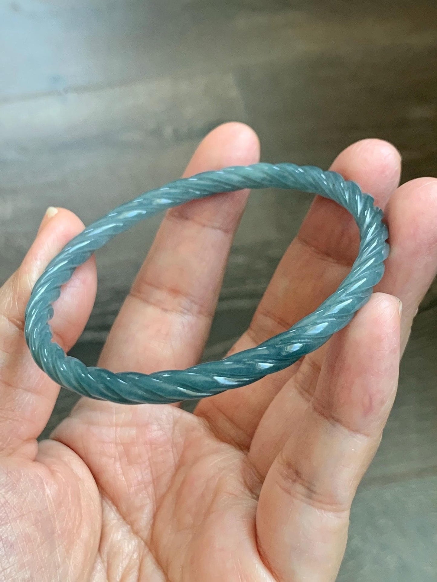 Certified Natural Grade A Guatemalan Icy Translucent Dark Dusty Blue Jade Jadeite Carved Braid Slim Bangle 57.7mm 7.14” 天然冰危深灰蓝翡翠细麻花手镯 483