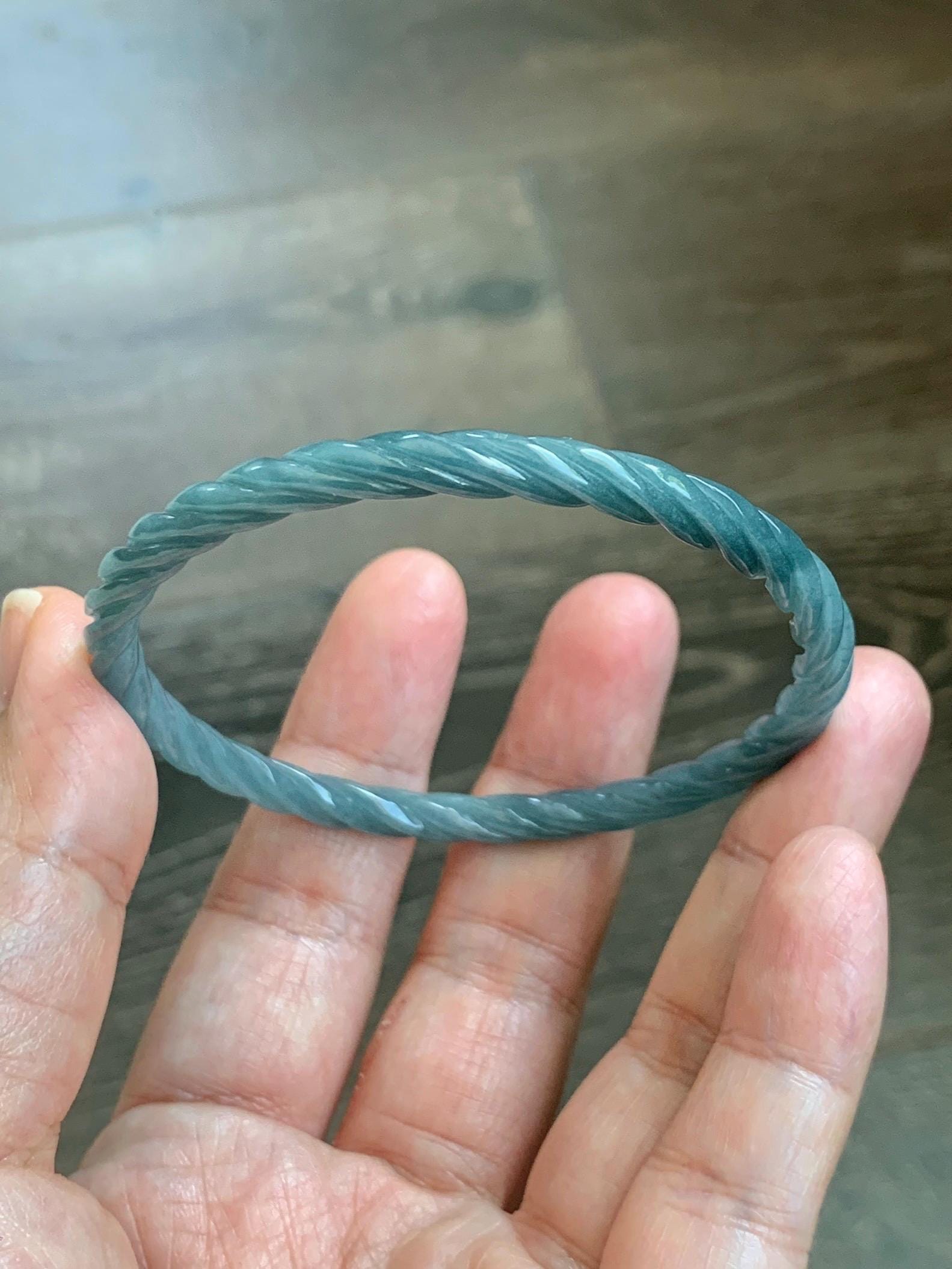 Certified Natural Grade A Guatemalan Icy Translucent Dark Dusty Blue Jade Jadeite Carved Braid Slim Bangle 57.7mm 7.14” 天然冰危深灰蓝翡翠细麻花手镯 483