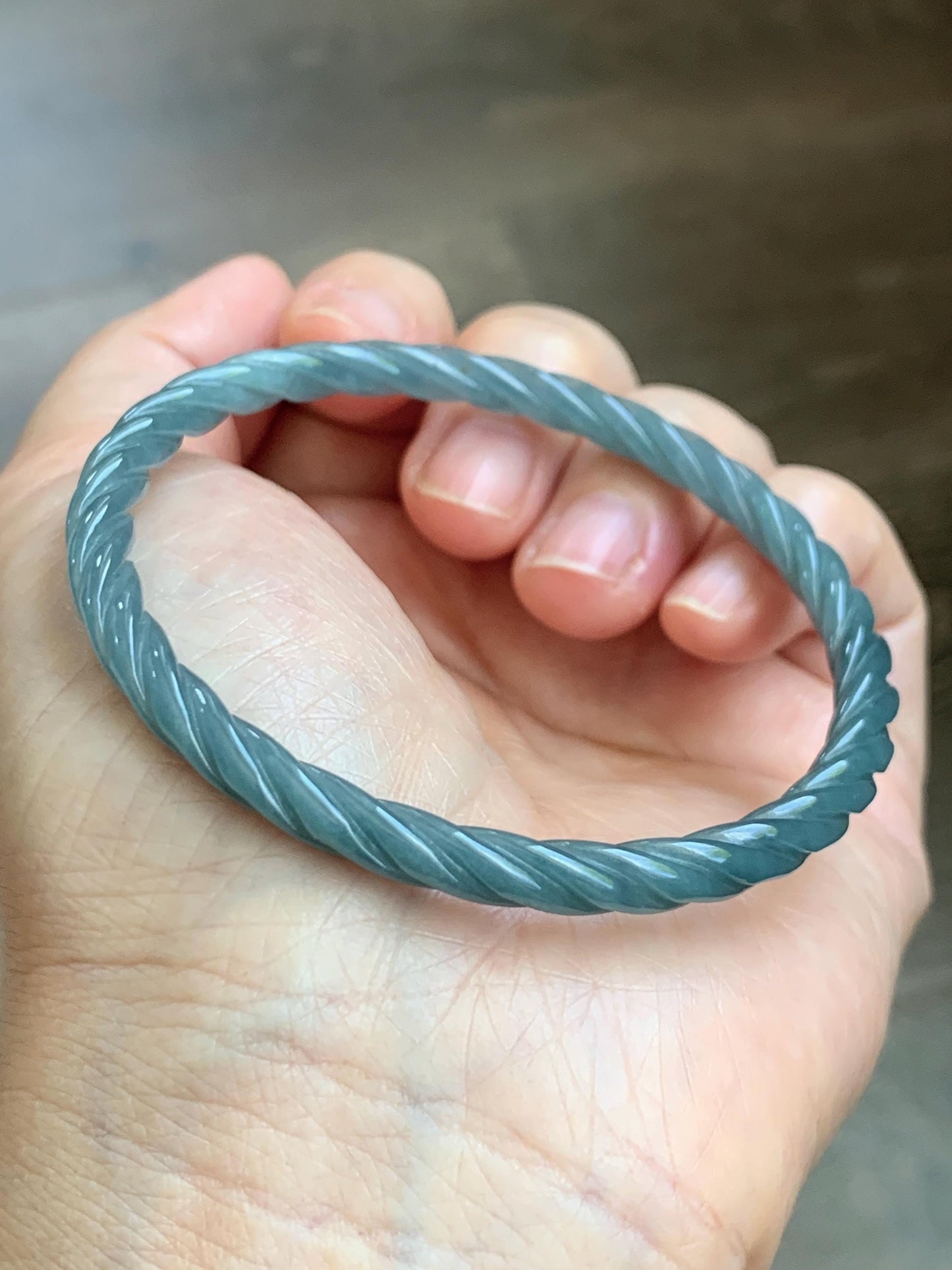 Certified Natural Grade A Guatemalan Icy Translucent Dark Dusty Blue Jade Jadeite Carved Braid Slim Bangle 57.7mm 7.14” 天然冰危深灰蓝翡翠细麻花手镯 483