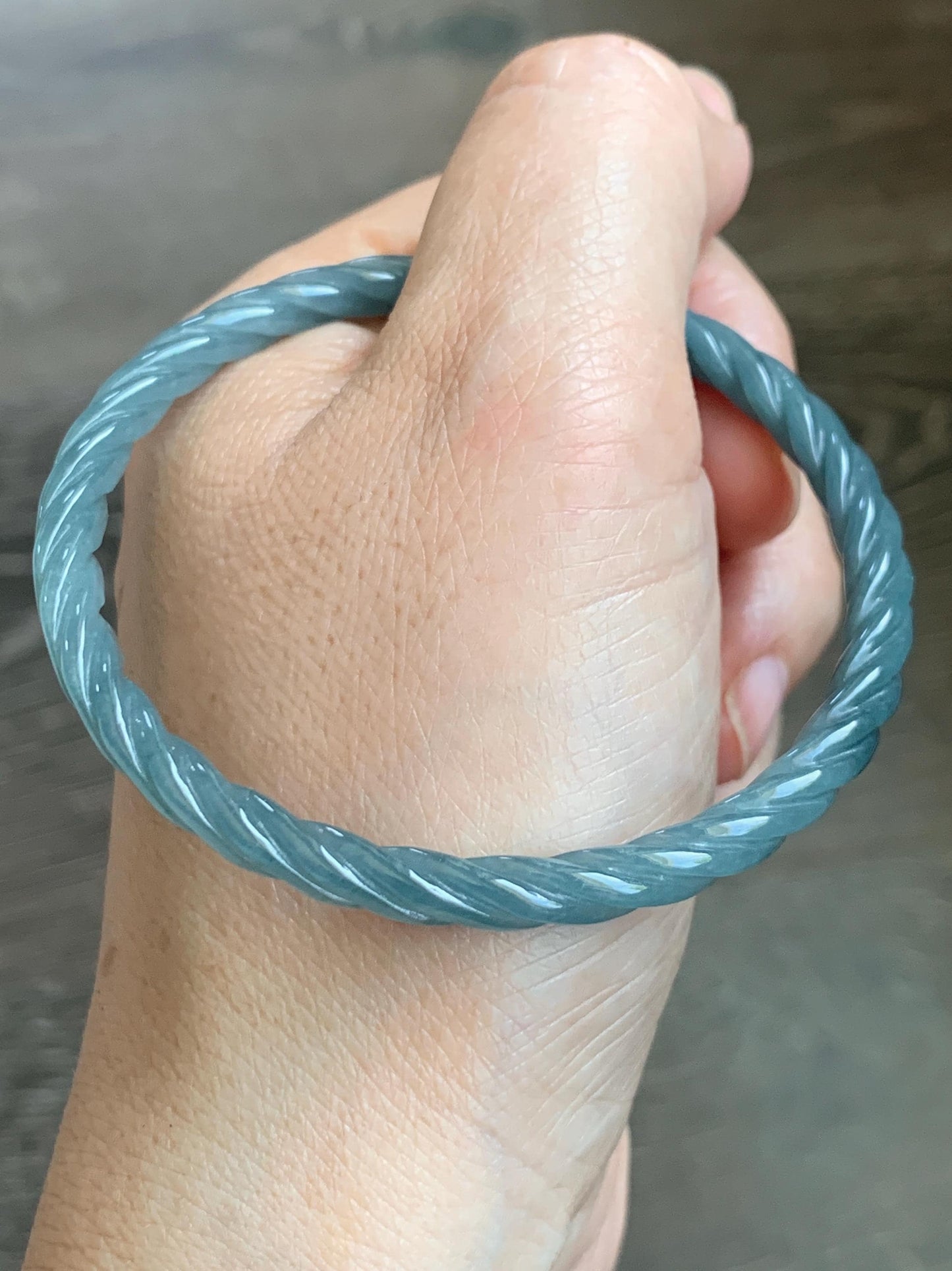 Certified Natural Grade A Guatemalan Icy Translucent Dark Dusty Blue Jade Jadeite Carved Braid Slim Bangle 57.7mm 7.14” 天然冰危深灰蓝翡翠细麻花手镯 483