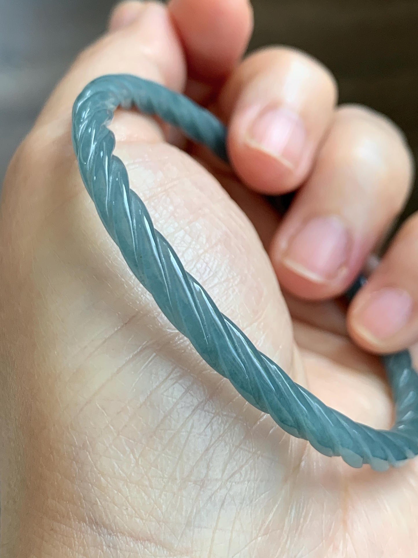 Certified Natural Grade A Guatemalan Icy Translucent Dark Dusty Blue Jade Jadeite Carved Braid Slim Bangle 57.7mm 7.14” 天然冰危深灰蓝翡翠细麻花手镯 483