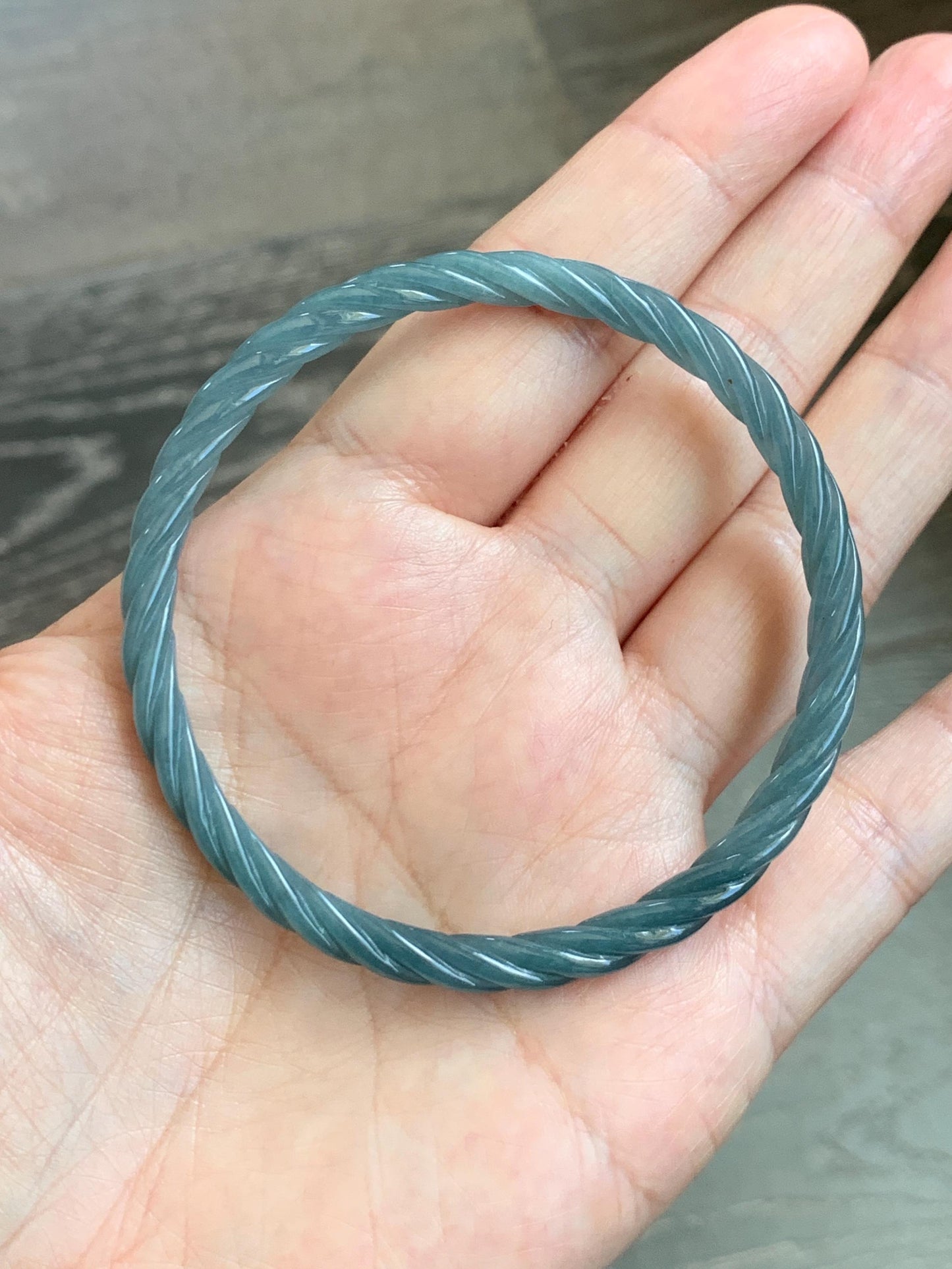 Certified Natural Grade A Guatemalan Icy Translucent Dark Dusty Blue Jade Jadeite Carved Braid Slim Bangle 57.7mm 7.14” 天然冰危深灰蓝翡翠细麻花手镯 483