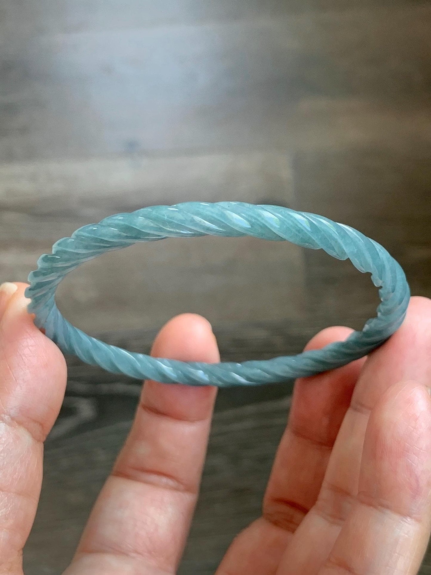 Certified Natural Grade A Guatemalan Icy Translucent Dark Dusty Blue Jade Jadeite Carved Braid Slim Bangle 58mm 7.17” 天然冰危深灰蓝翡翠细麻花手镯 479
