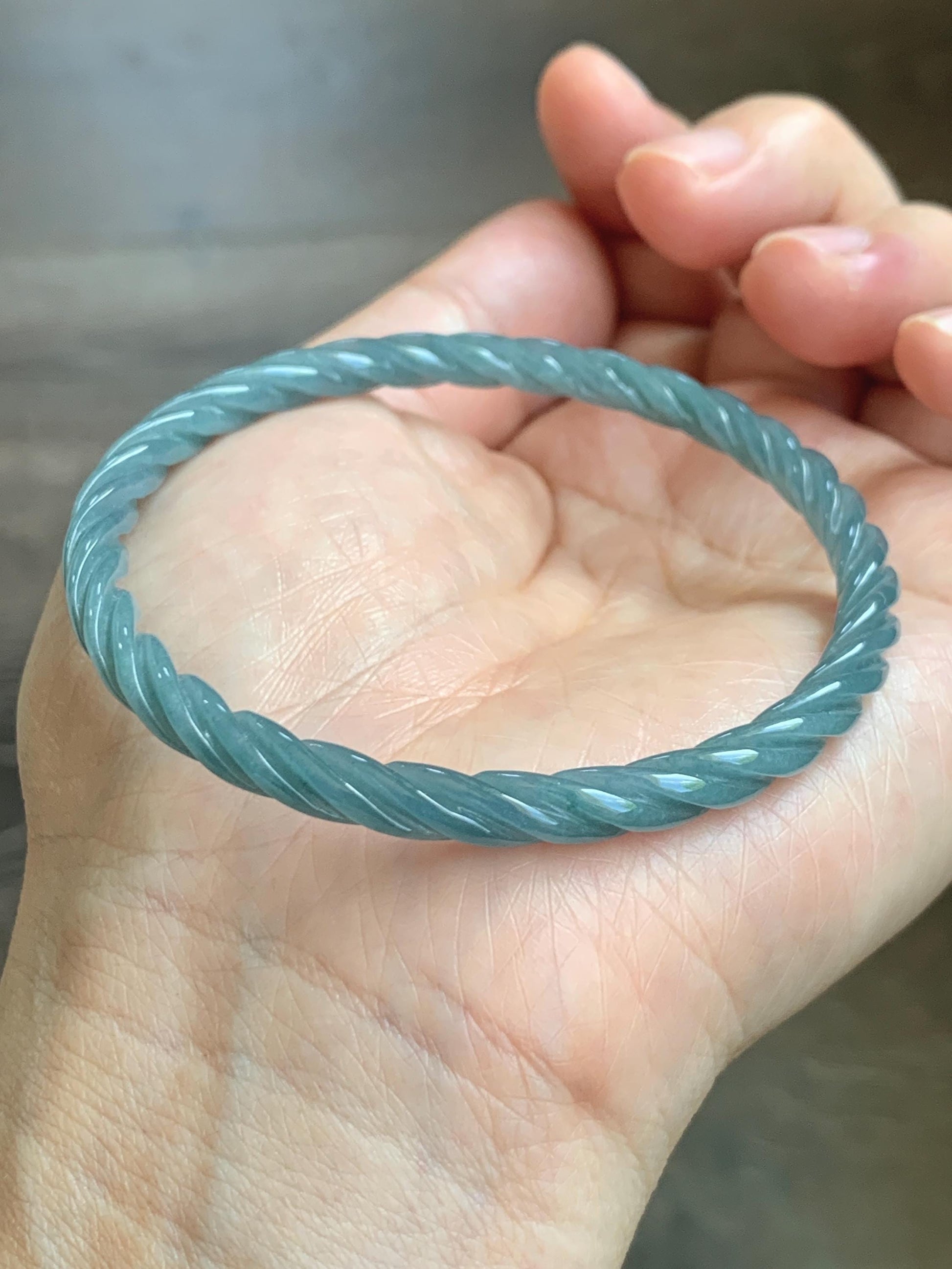 Certified Natural Grade A Guatemalan Icy Translucent Dark Dusty Blue Jade Jadeite Carved Braid Slim Bangle 58mm 7.17” 天然冰危深灰蓝翡翠细麻花手镯 479