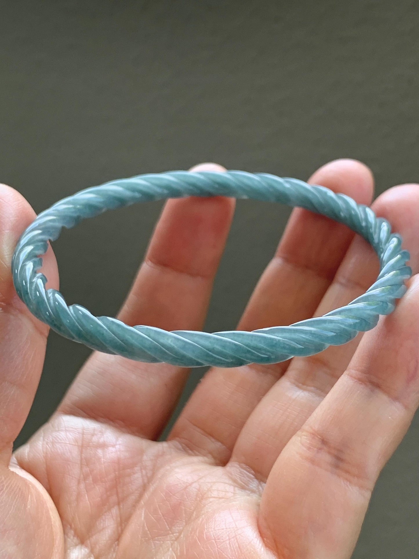 Certified Natural Grade A Guatemalan Icy Translucent Dark Dusty Blue Jade Jadeite Carved Braid Slim Bangle 58mm 7.17” 天然冰危深灰蓝翡翠细麻花手镯 479