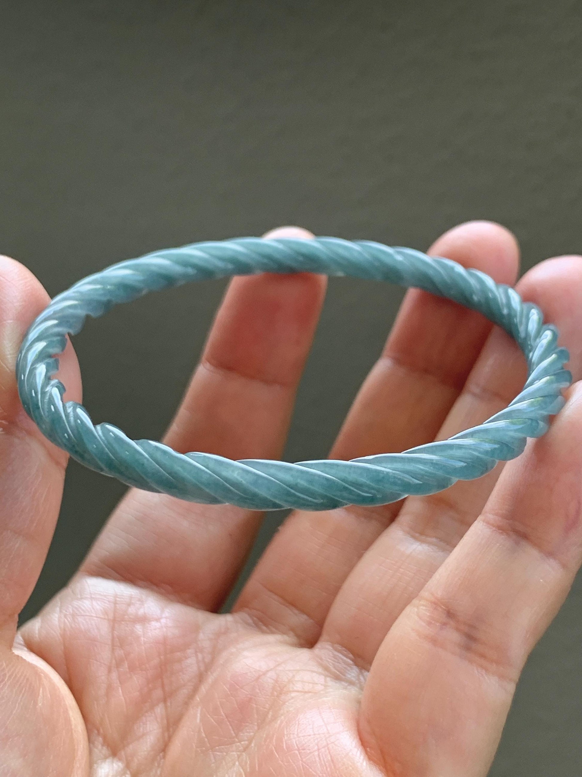 Certified Natural Grade A Guatemalan Icy Translucent Dark Dusty Blue Jade Jadeite Carved Braid Slim Bangle 58mm 7.17” 天然冰危深灰蓝翡翠细麻花手镯 479