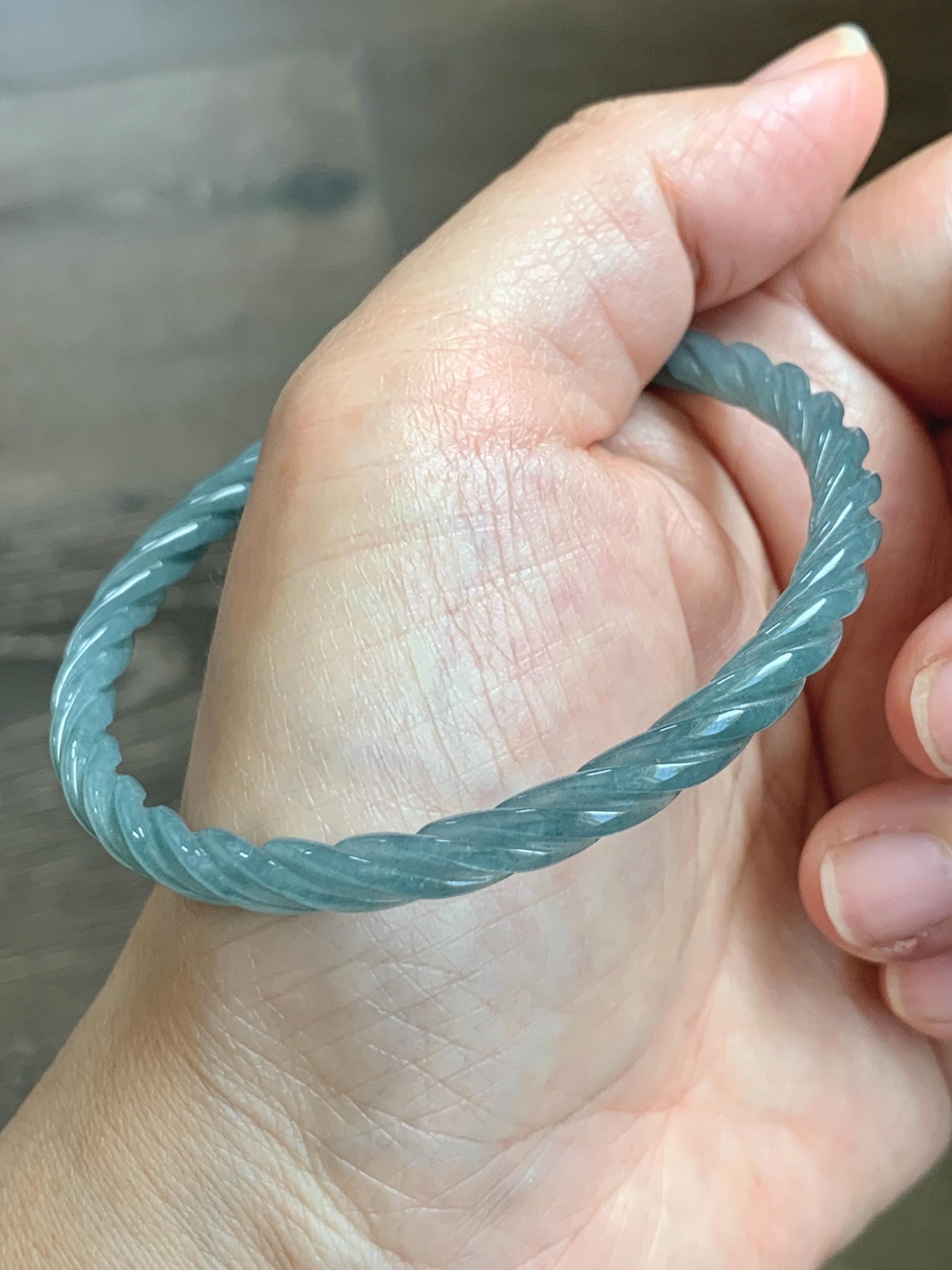 Certified Natural Grade A Guatemalan Icy Translucent Dark Dusty Blue Jade Jadeite Carved Braid Slim Bangle 58mm 7.17” 天然冰危深灰蓝翡翠细麻花手镯 479