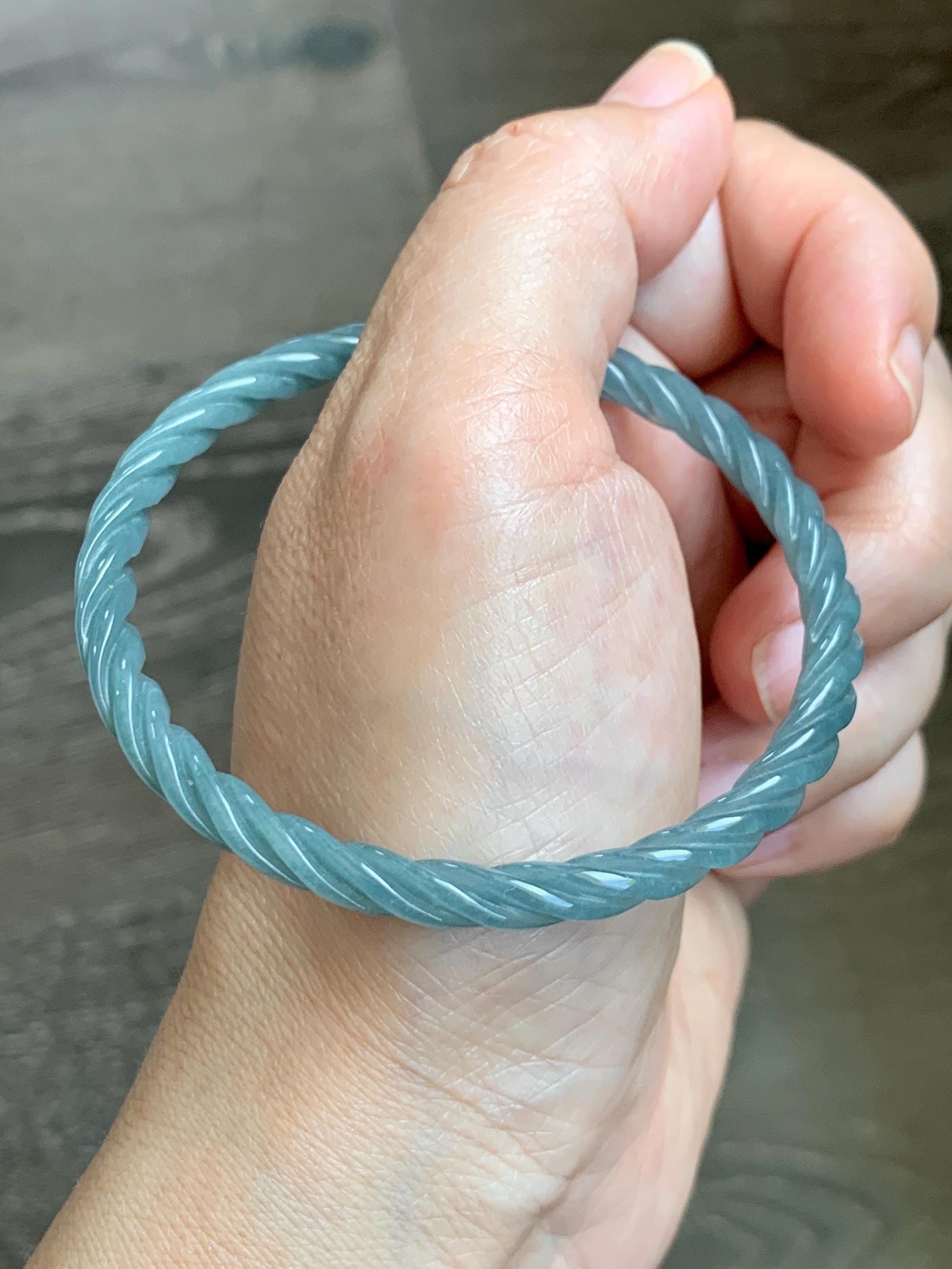 Certified Natural Grade A Guatemalan Icy Translucent Dark Dusty Blue Jade Jadeite Carved Braid Slim Bangle 58mm 7.17” 天然冰危深灰蓝翡翠细麻花手镯 479