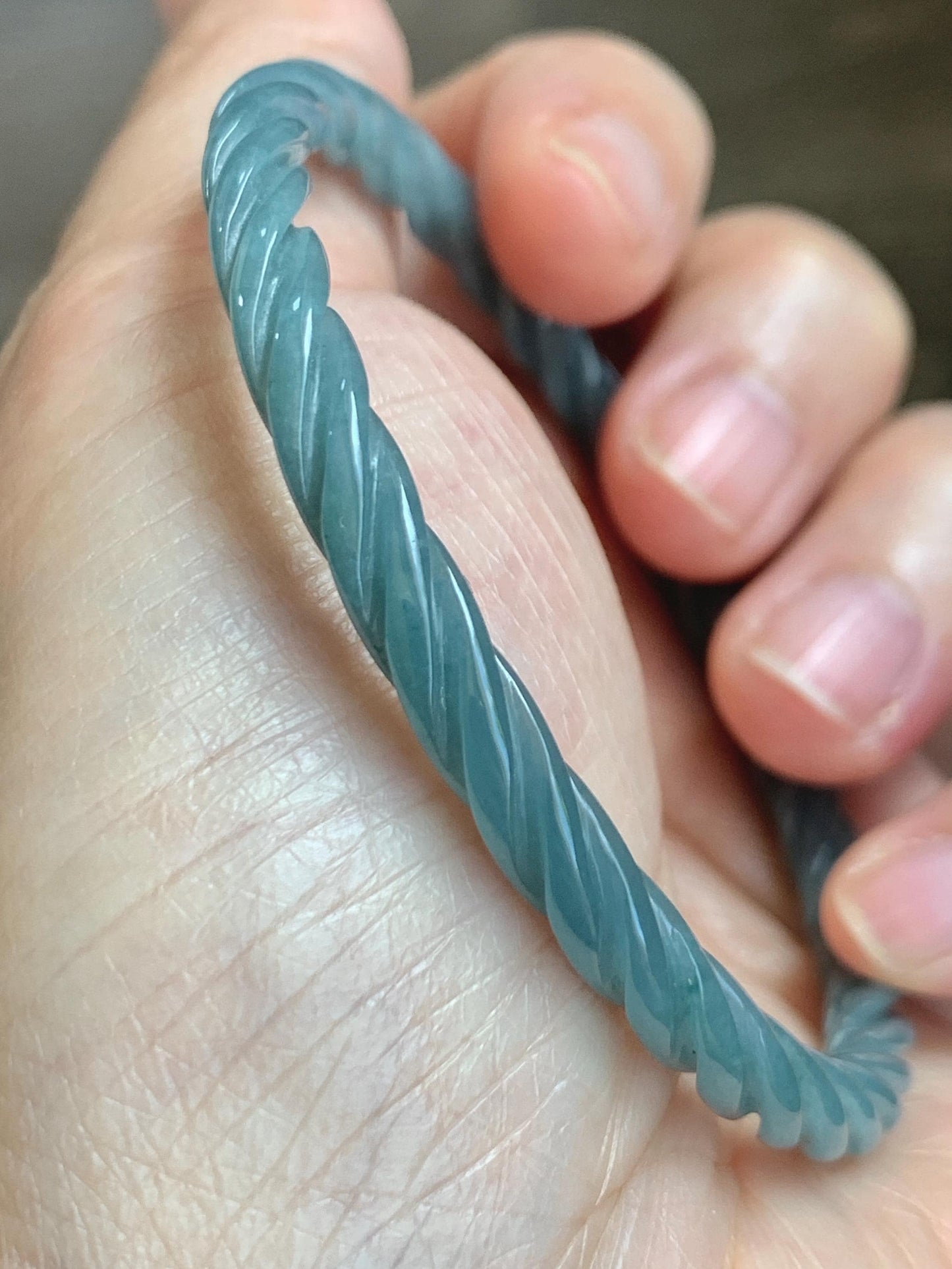 Certified Natural Grade A Guatemalan Icy Translucent Dark Dusty Blue Jade Jadeite Carved Braid Slim Bangle 58mm 7.17” 天然冰危深灰蓝翡翠细麻花手镯 479