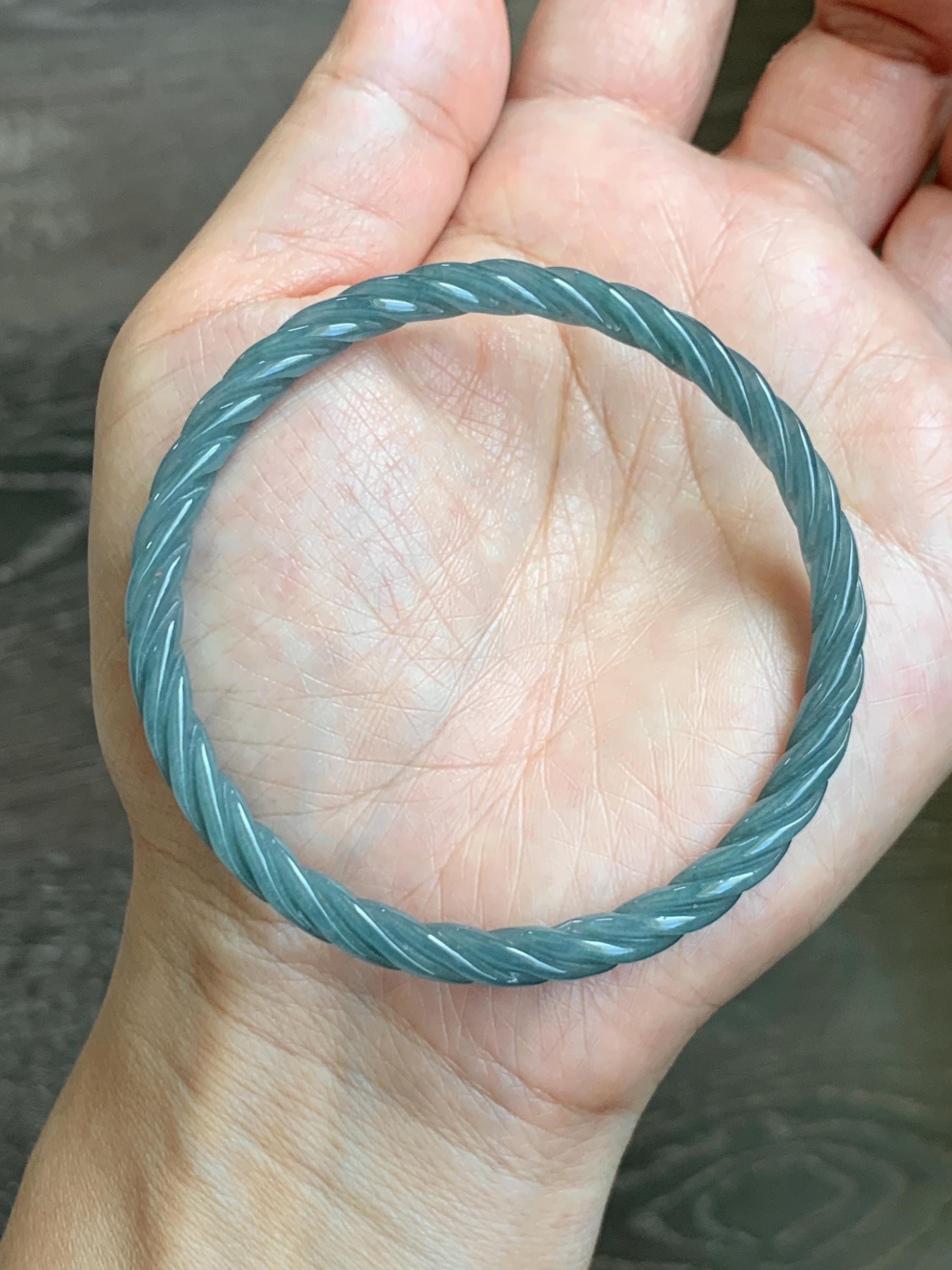 Certified Natural Grade A Guatemalan Icy Translucent Dark Dusty Blue Jade Jadeite Carved Braid Slim Bangle 58mm 7.17” 天然冰危深灰蓝翡翠细麻花手镯 479
