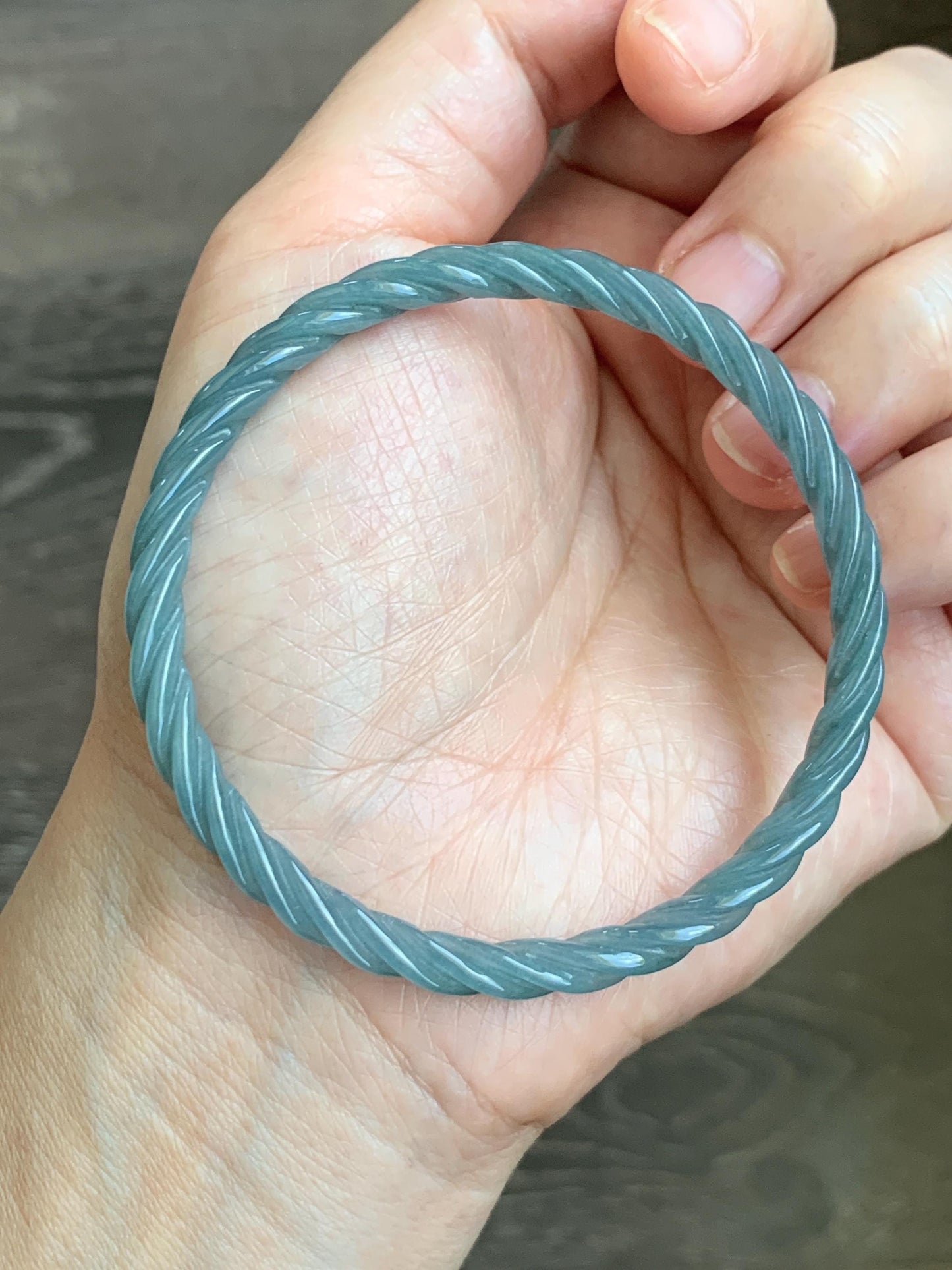 Certified Natural Grade A Guatemalan Icy Translucent Dark Dusty Blue Jade Jadeite Carved Braid Slim Bangle 57.96mm 7.16” 天然冰危深灰蓝翡翠细麻花手镯 476