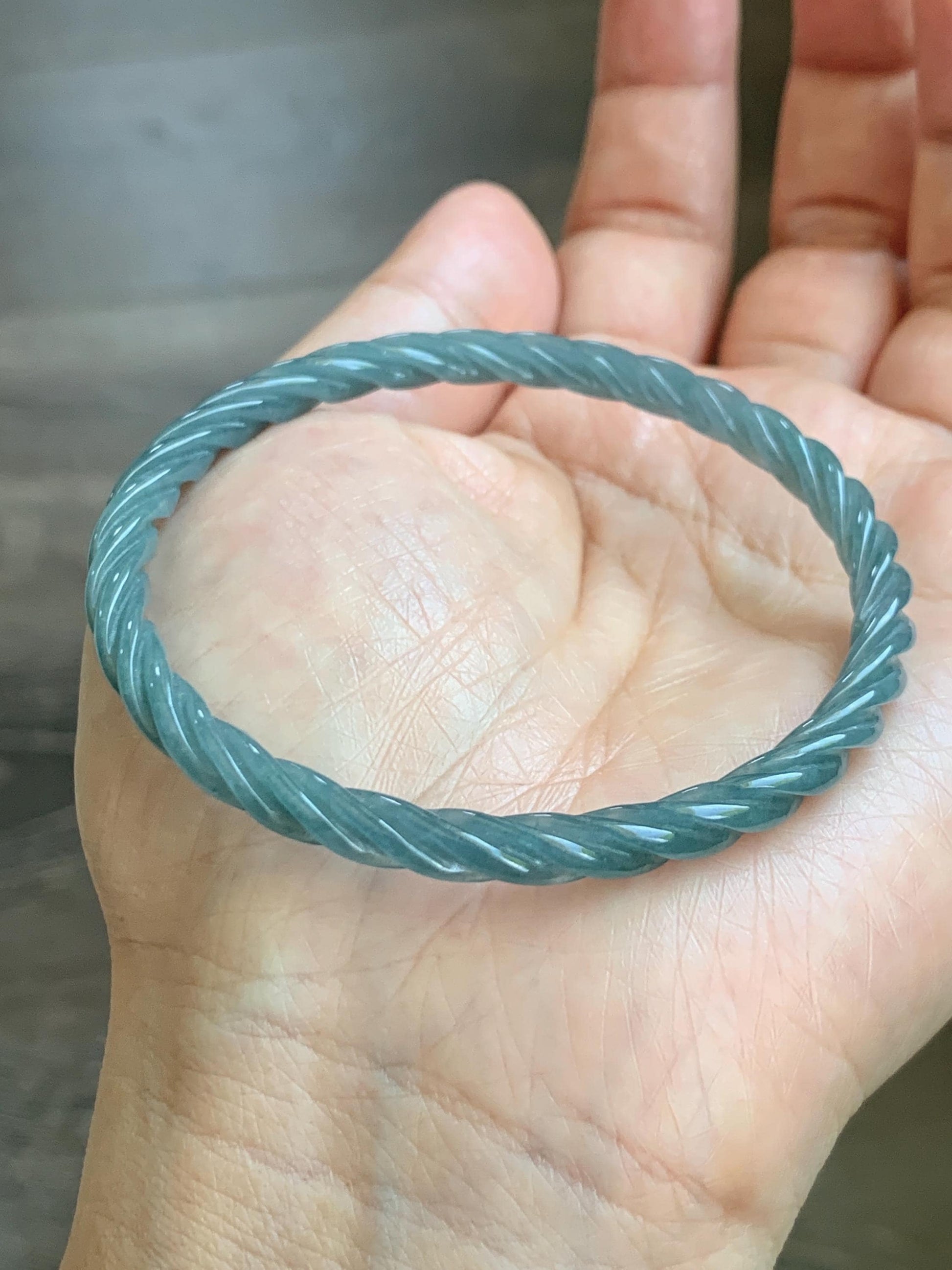 Certified Natural Grade A Guatemalan Icy Translucent Dark Dusty Blue Jade Jadeite Carved Braid Slim Bangle 57.96mm 7.16” 天然冰危深灰蓝翡翠细麻花手镯 476