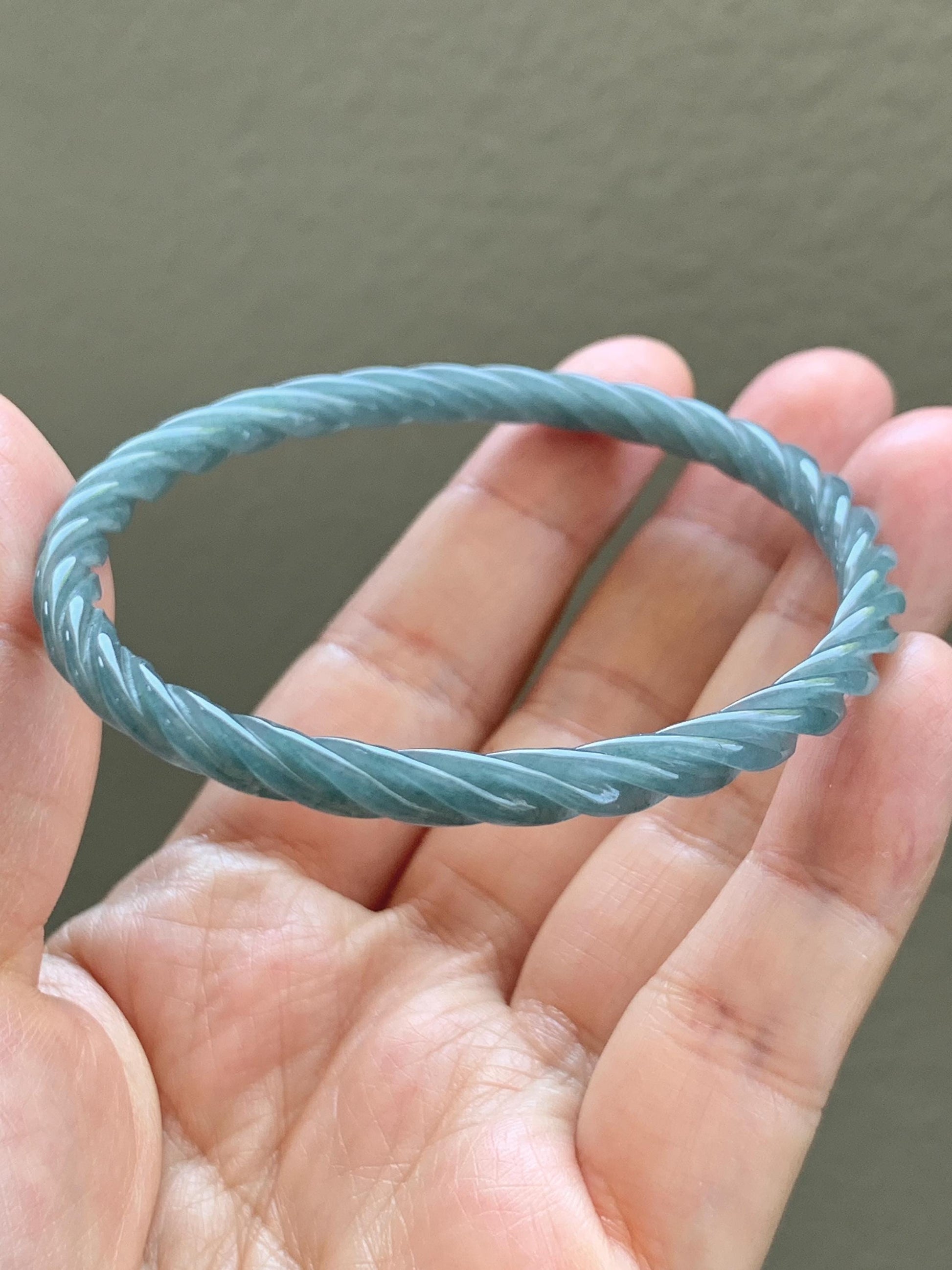 Certified Natural Grade A Guatemalan Icy Translucent Dark Dusty Blue Jade Jadeite Carved Braid Slim Bangle 57.96mm 7.16” 天然冰危深灰蓝翡翠细麻花手镯 476