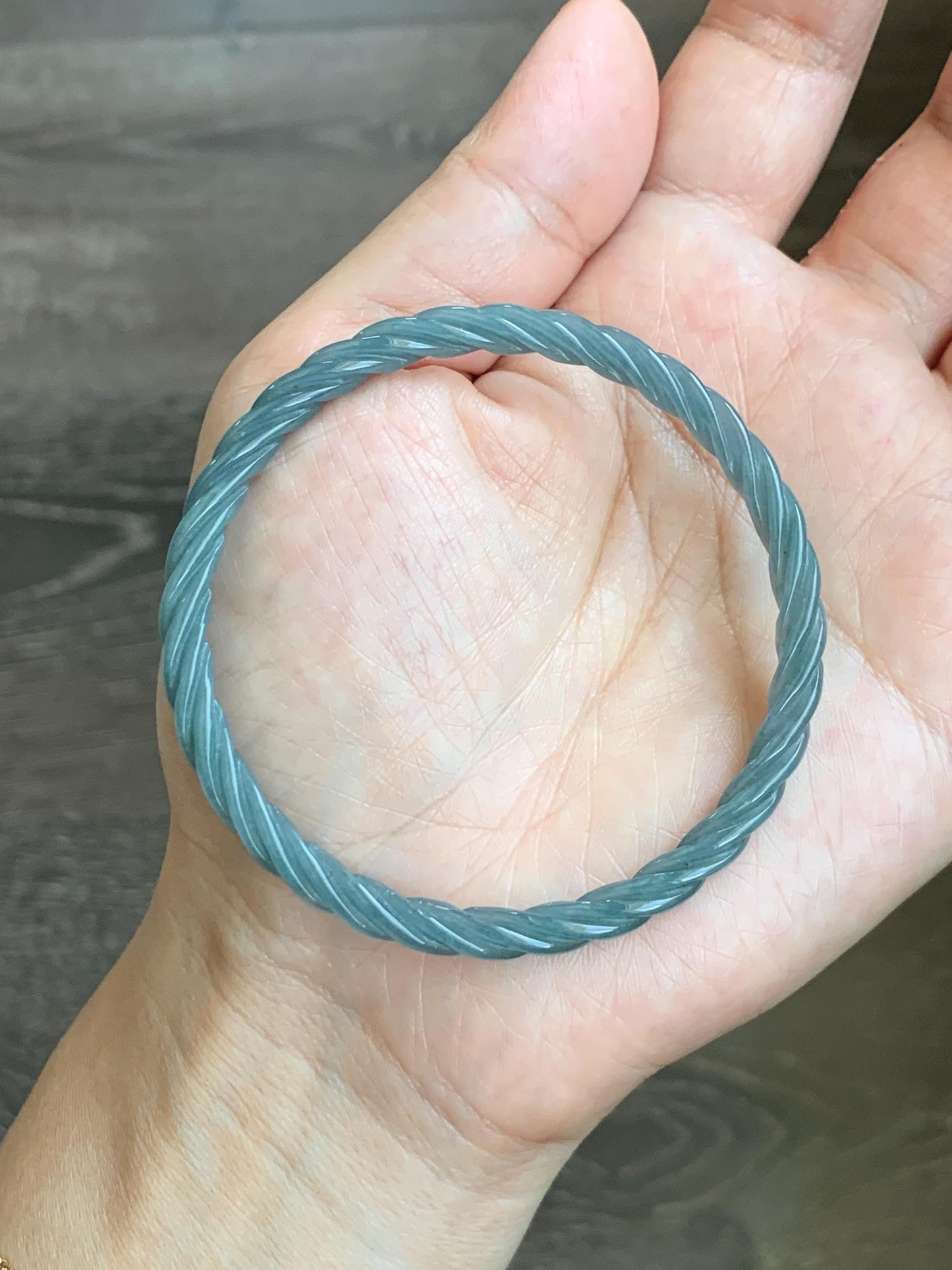 Certified Natural Grade A Guatemalan Icy Translucent Dark Dusty Blue Jade Jadeite Carved Braid Slim Bangle 57.96mm 7.16” 天然冰危深灰蓝翡翠细麻花手镯 476