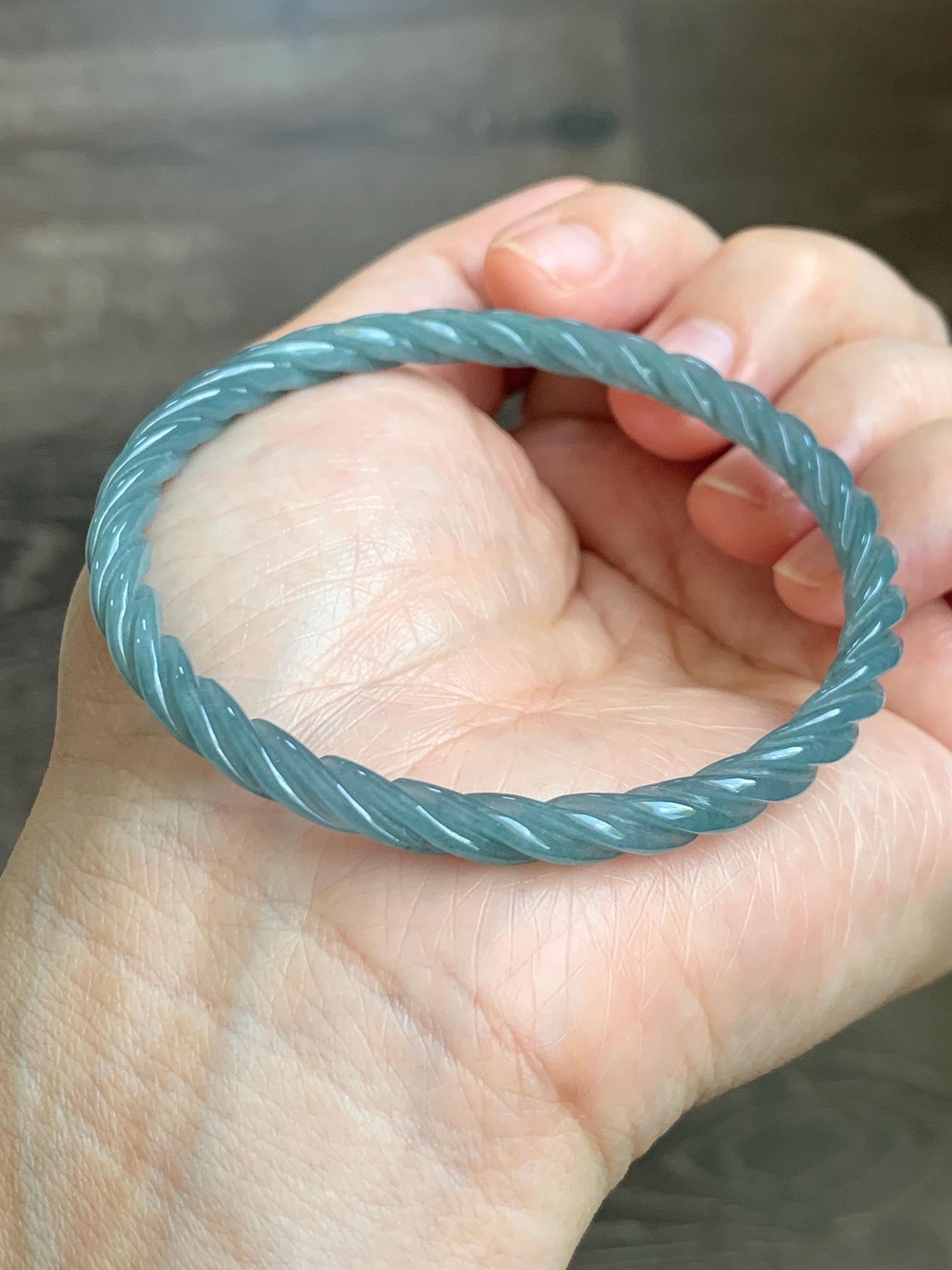 Certified Natural Grade A Guatemalan Icy Translucent Dark Dusty Blue Jade Jadeite Carved Braid Slim Bangle 57.96mm 7.16” 天然冰危深灰蓝翡翠细麻花手镯 476