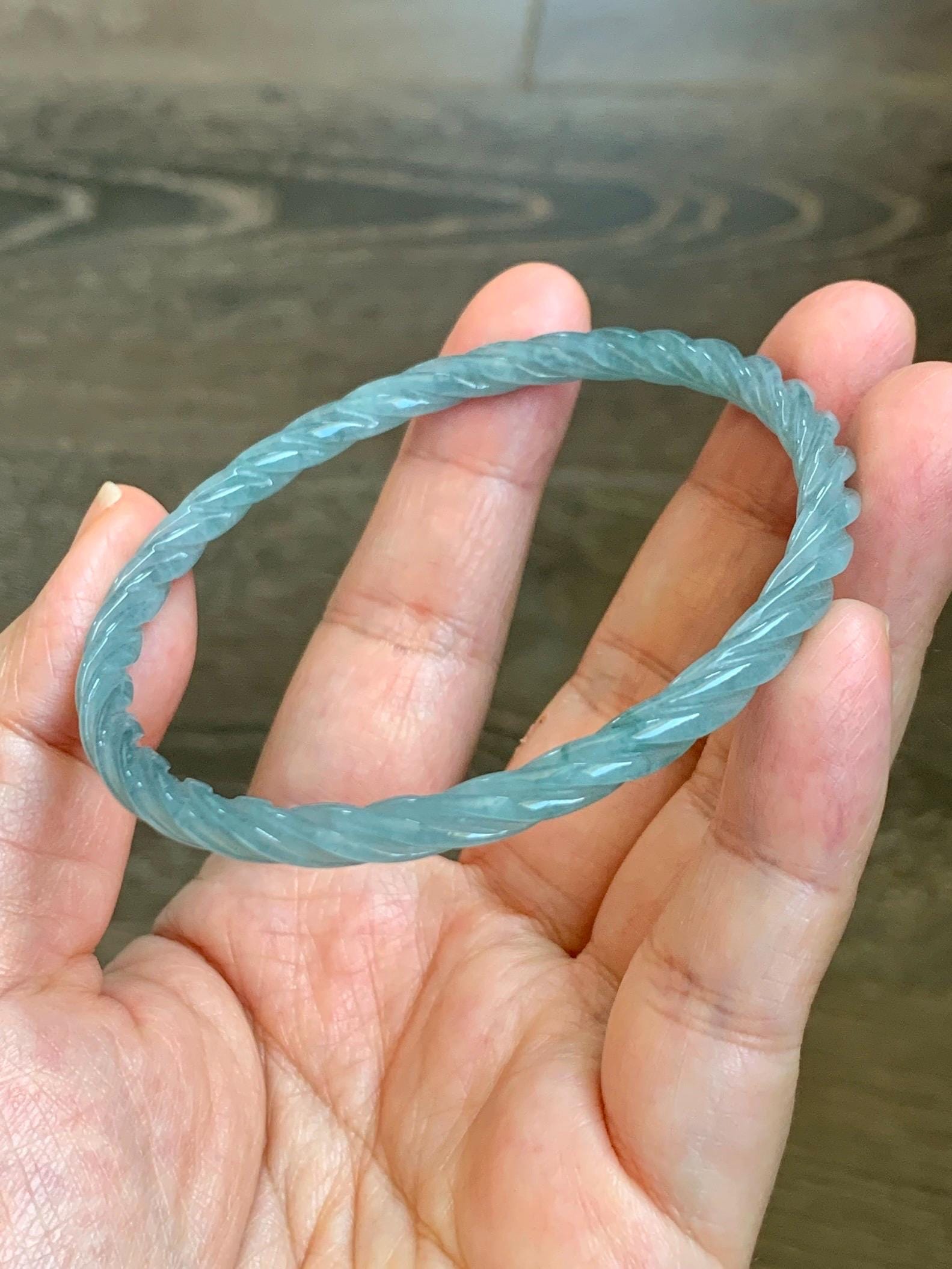 Certified Natural Grade A Guatemalan Icy Translucent Pastel Dusty Blue Jade Jadeite Carved Braid Slim Bangle 62mm 7.67” 天然冰危浅灰蓝翡翠细麻花手镯 482