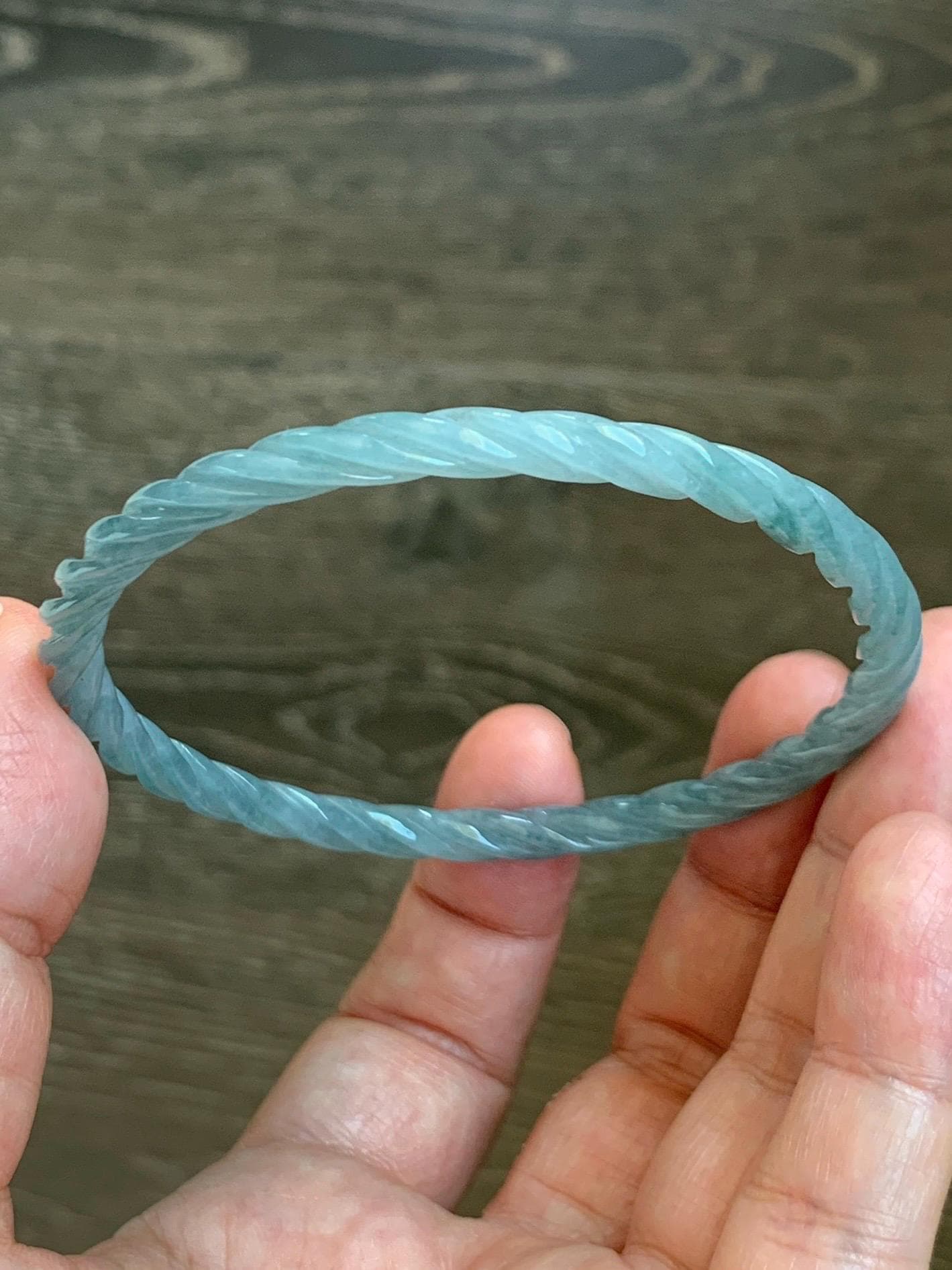Certified Natural Grade A Guatemalan Icy Translucent Pastel Dusty Blue Jade Jadeite Carved Braid Slim Bangle 62mm 7.67” 天然冰危浅灰蓝翡翠细麻花手镯 482