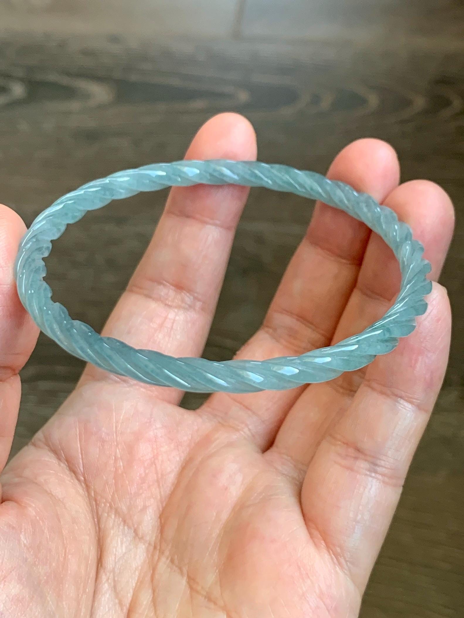 Certified Natural Grade A Guatemalan Icy Translucent Pastel Dusty Blue Jade Jadeite Carved Braid Slim Bangle 62mm 7.67” 天然冰危浅灰蓝翡翠细麻花手镯 482