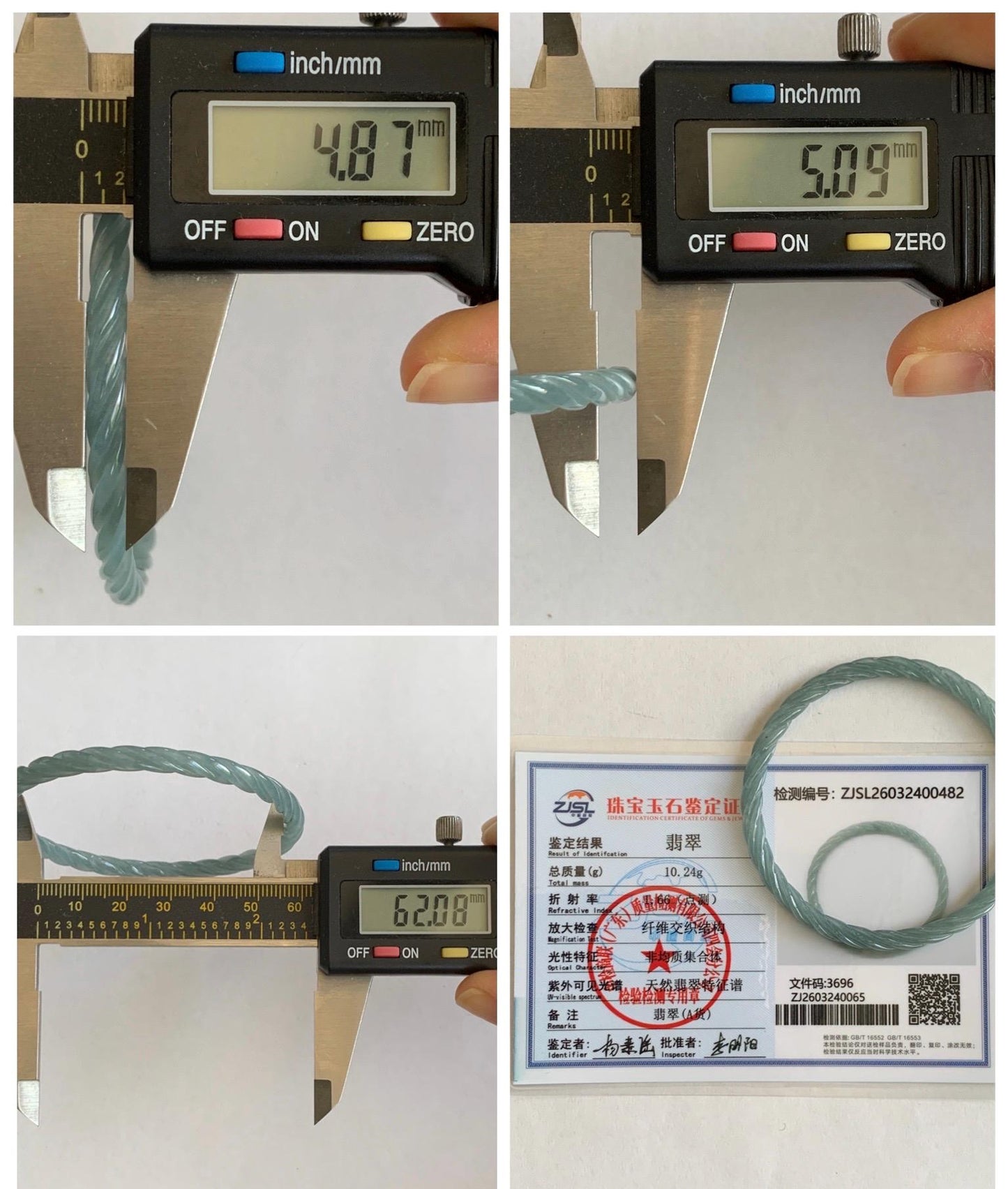 Certified Natural Grade A Guatemalan Icy Translucent Pastel Dusty Blue Jade Jadeite Carved Braid Slim Bangle 62mm 7.67” 天然冰危浅灰蓝翡翠细麻花手镯 482