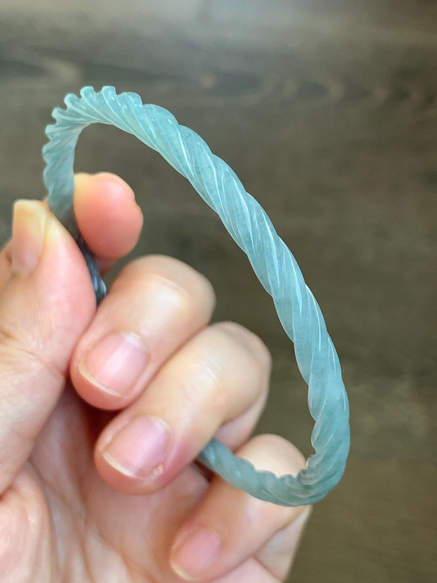 Certified Natural Grade A Guatemalan Icy Translucent Pastel Dusty Blue Jade Jadeite Carved Braid Slim Bangle 62mm 7.67” 天然冰危浅灰蓝翡翠细麻花手镯 482