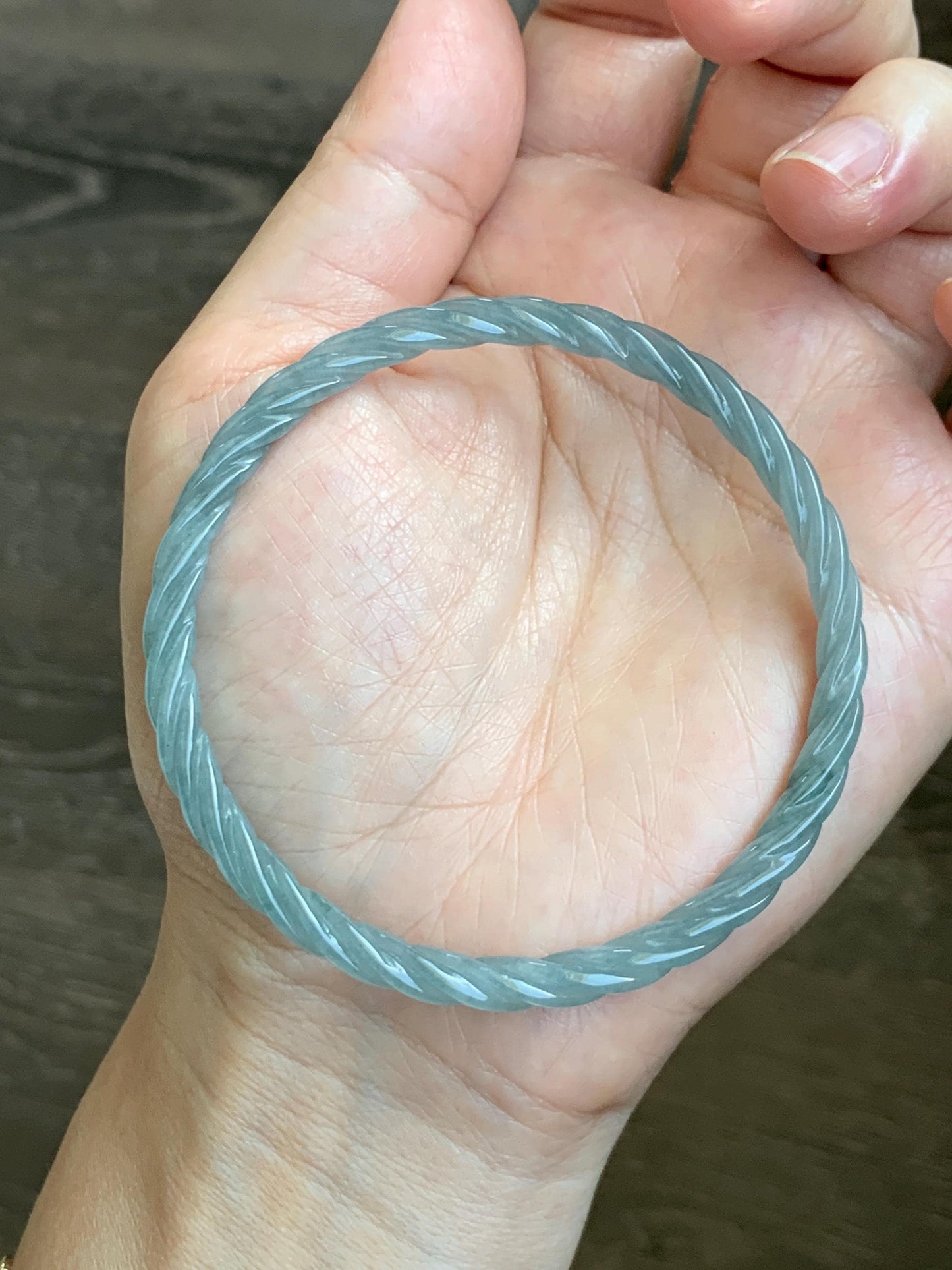 Certified Natural Grade A Guatemalan Icy Translucent Pastel Dusty Blue Jade Jadeite Carved Braid Slim Bangle 62mm 7.67” 天然冰危浅灰蓝翡翠细麻花手镯 482