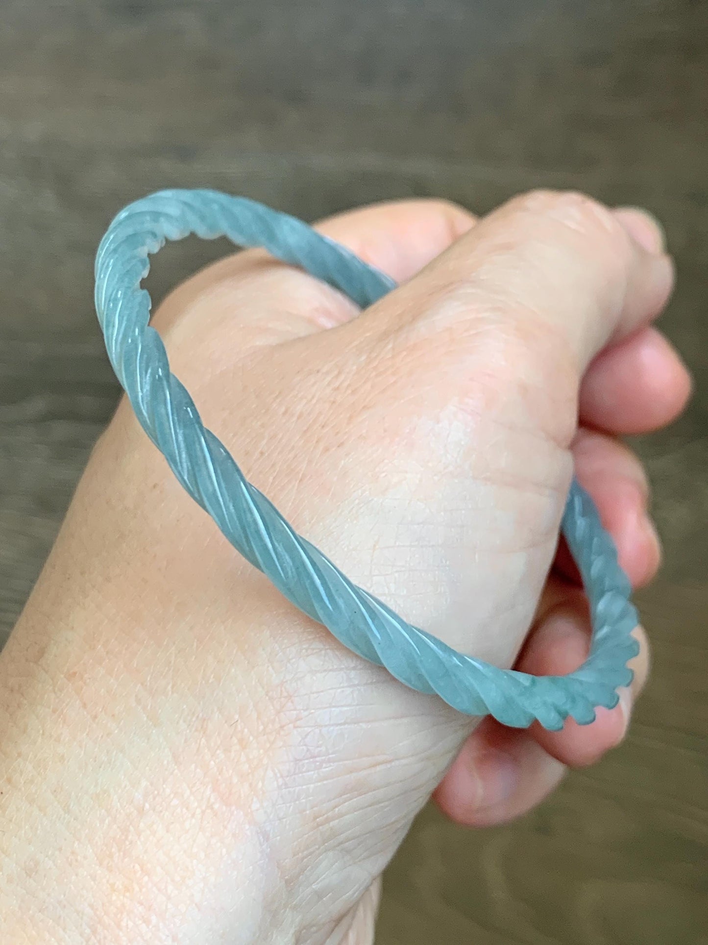 Certified Natural Grade A Guatemalan Icy Translucent Pastel Dusty Blue Jade Jadeite Carved Braid Slim Bangle 62mm 7.67” 天然冰危浅灰蓝翡翠细麻花手镯 482