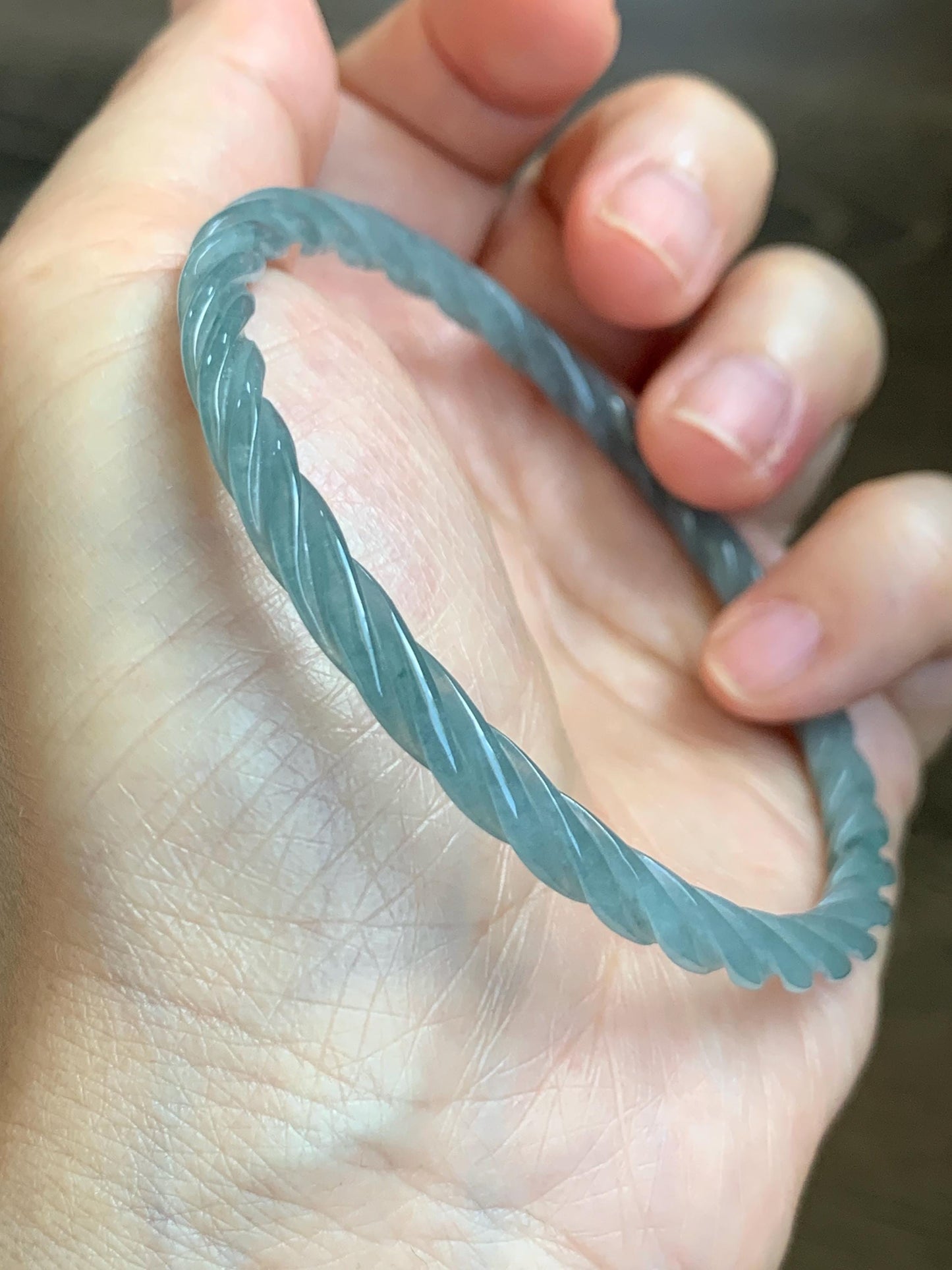Certified Natural Grade A Guatemalan Icy Translucent Pastel Dusty Blue Jade Jadeite Carved Braid Slim Bangle 62mm 7.67” 天然冰危浅灰蓝翡翠细麻花手镯 482