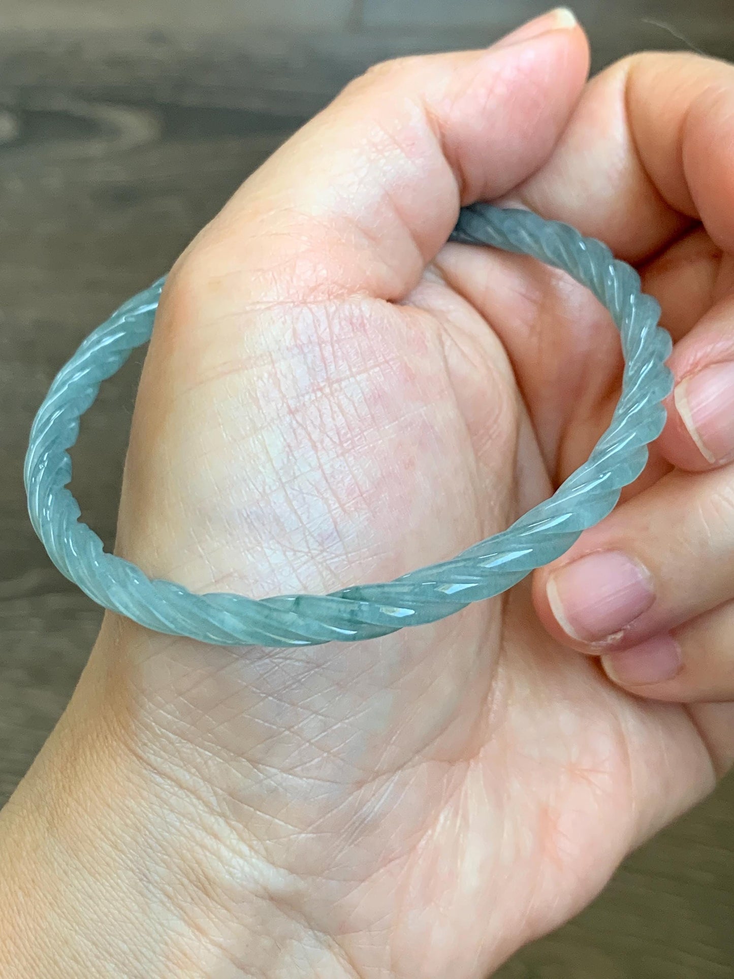 Certified Natural Grade A Guatemalan Icy Translucent Pastel Dusty Blue Jade Jadeite Carved Braid Slim Bangle 62mm 7.67” 天然冰危浅灰蓝翡翠细麻花手镯 482