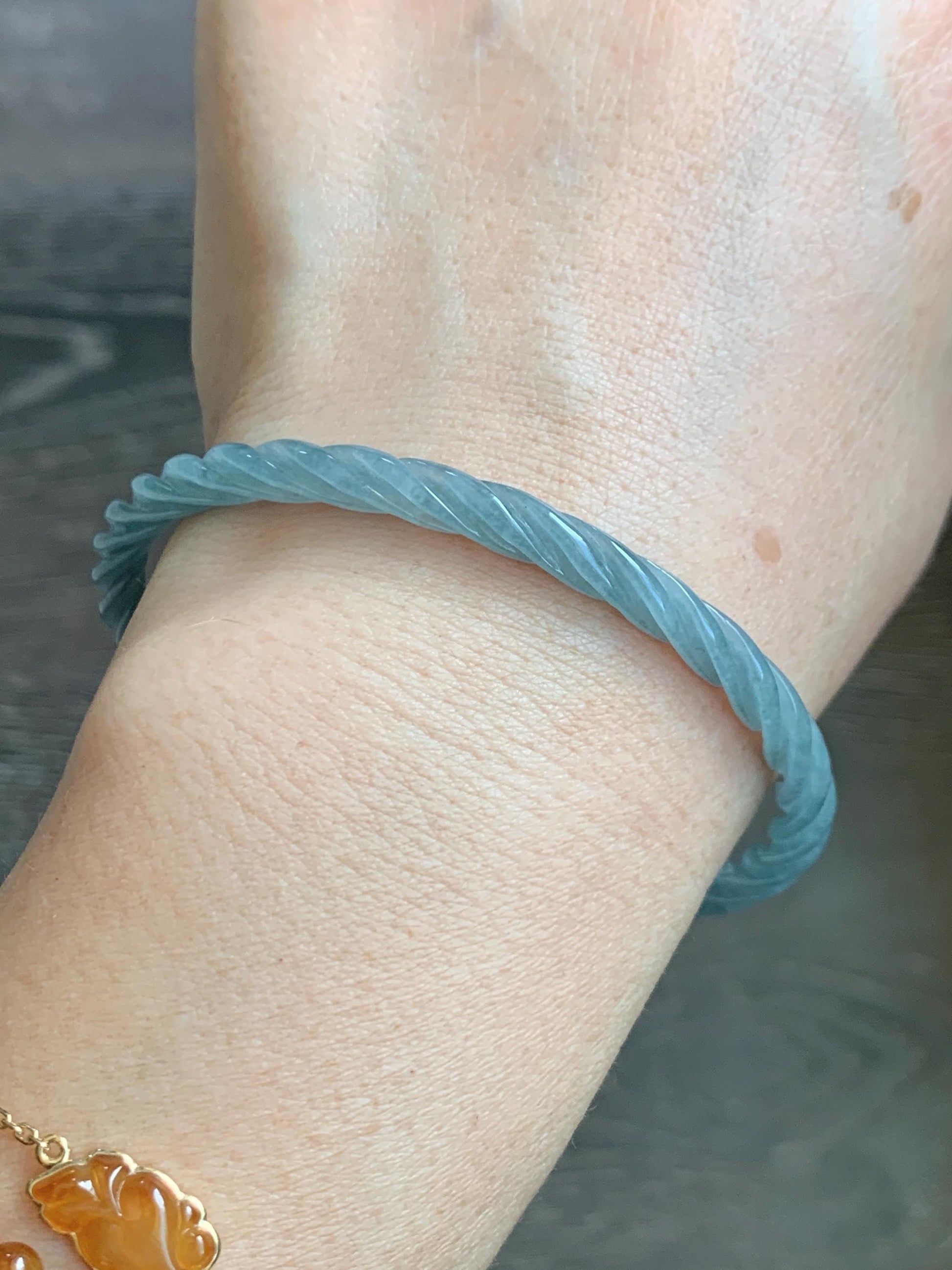 Certified Natural Grade A Guatemalan Icy Translucent Pastel Dusty Blue Jade Jadeite Carved Braid Slim Bangle 62mm 7.67” 天然冰危浅灰蓝翡翠细麻花手镯 482