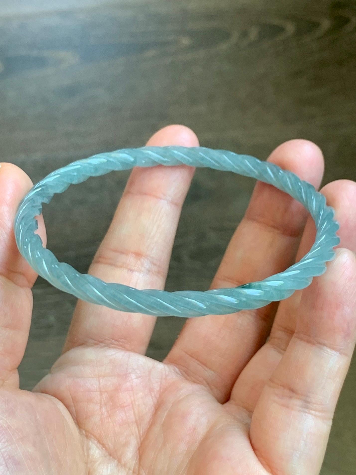 Certified Natural Grade A Guatemalan Icy Translucent Pastel Dusty Blue Jade Jadeite Carved Braid Slim Bangle 62.6mm 7.75” 天然冰危浅灰蓝翡翠细麻花手镯 481