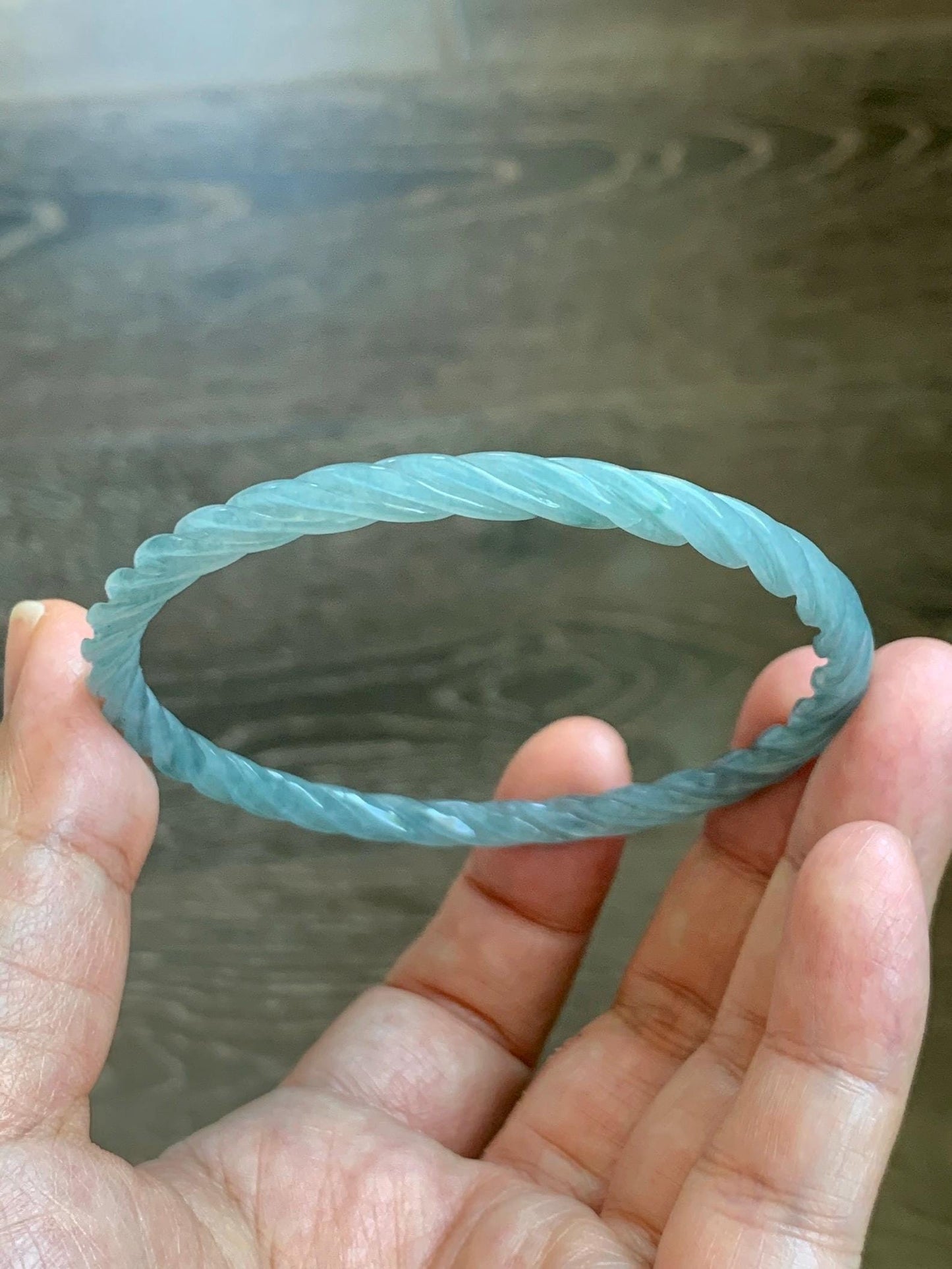 Certified Natural Grade A Guatemalan Icy Translucent Pastel Dusty Blue Jade Jadeite Carved Braid Slim Bangle 62.6mm 7.75” 天然冰危浅灰蓝翡翠细麻花手镯 481